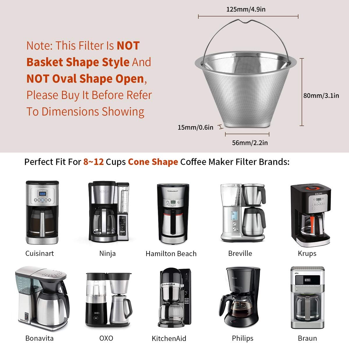 #4 Reusable Cone Coffee Filters, Fits Cuisinart 8-12 Cup Drip Coffee Maker