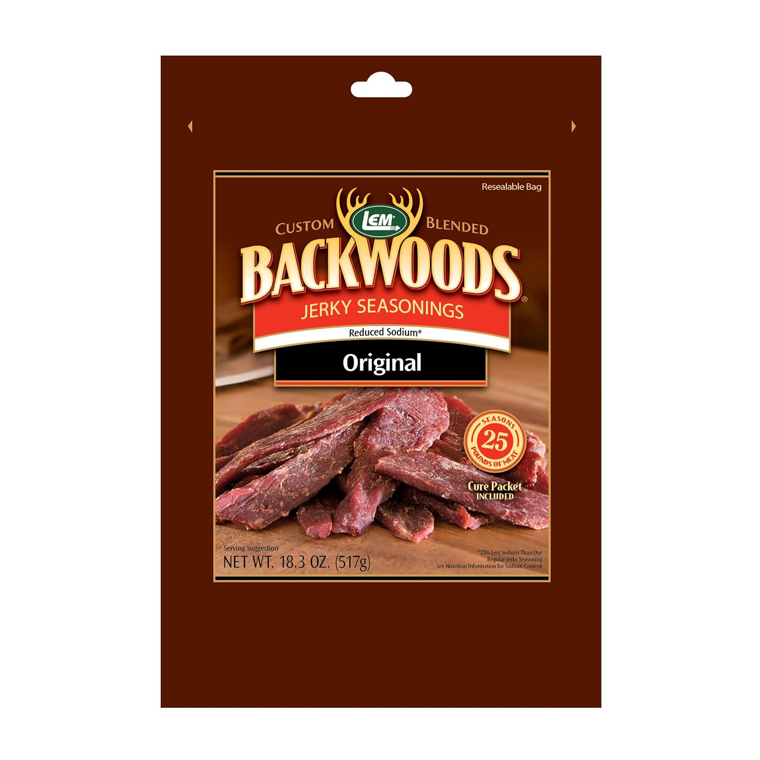 LEM Products Backwoods Reduced Sodium Original Jerky Seasoning, 18.3 oz | Pre-Measured Seasoning and Cure for Wild Game and Domestic Meat