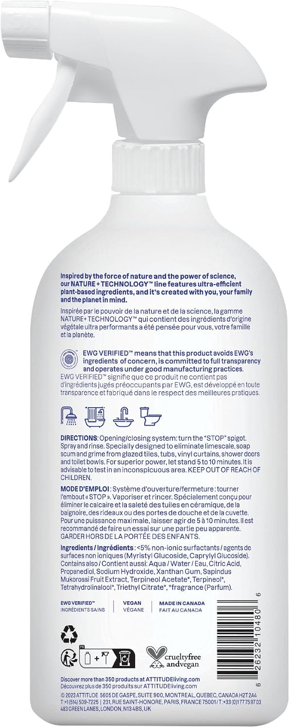 ATTITUDE Bathroom Cleaner Spray, EWG Verified, Plant-Based & Vegan, Safe for Bathroom Surfaces, Tiles, Tubs, Shower Walls, and Grout, Citrus Zest Scent, 27.1 Fl Oz