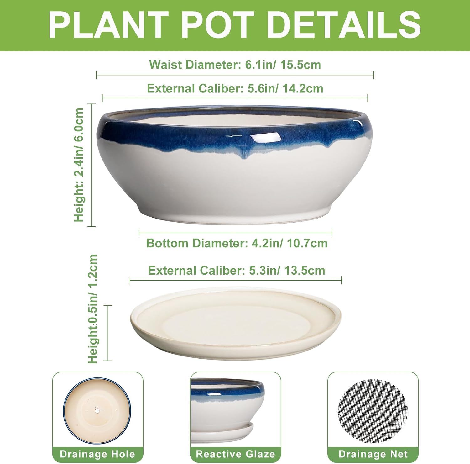 SQOWL 7 Inch Round Ceramic Succulent Planter Pot Drip Glazed Shallow Planter with Drainage Bamboo Tray for Indoor Plants