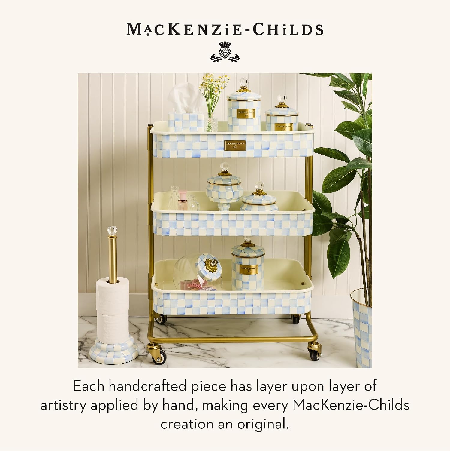 MACKENZIE-CHILDS Waste Bin, Black-and-White Courtly Check | Hand-painted design, made from enameled steel, decorative bedroom or bathroom trash can, 8" dia. x 9.5" H