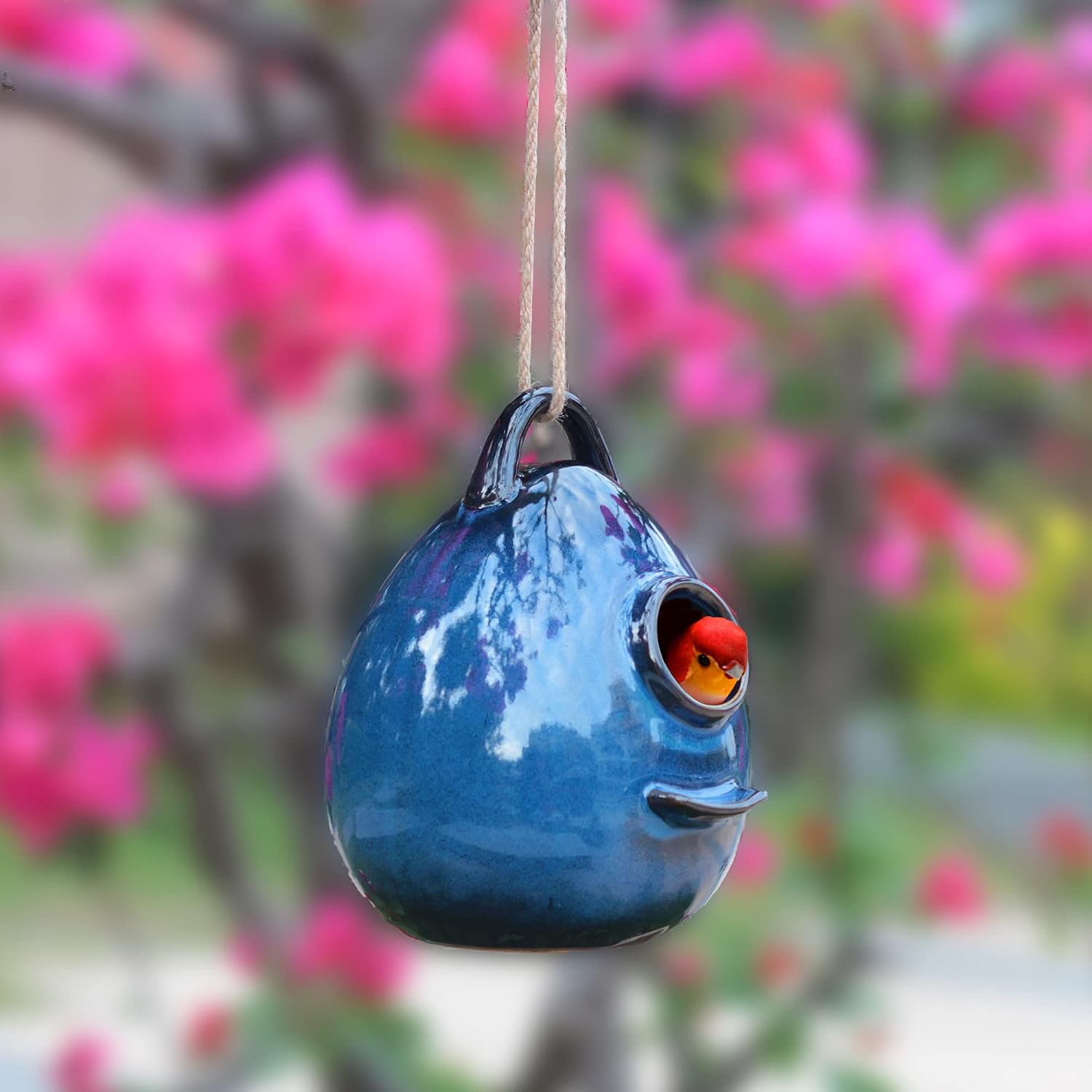 Kimdio Birdhouse Ceramic Hanging Birdhouses Bird Hut Hanging Outdoor Birdhouse for Wild Birds, Finch, Cardinal, and Bluebird - Blue