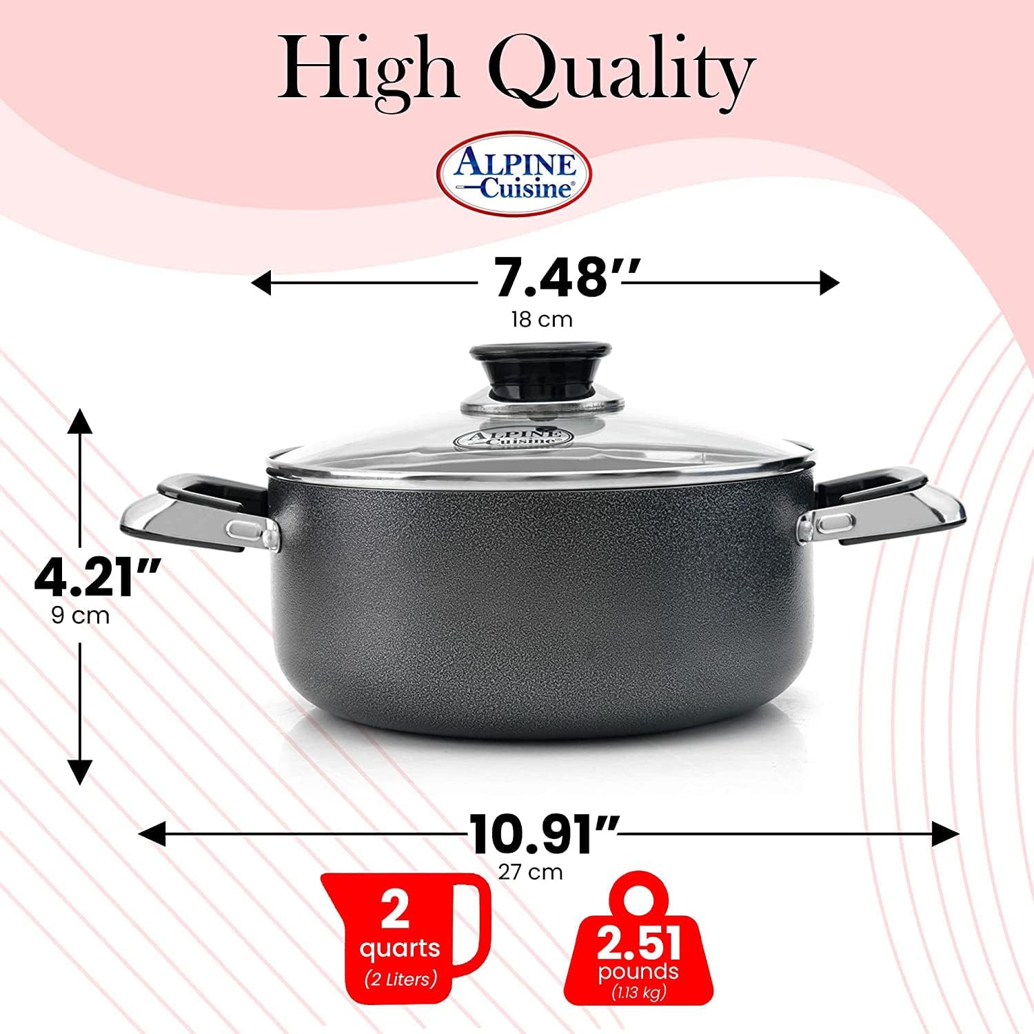 Alpine Cuisine 4 Quart Non-stick Stock Pot with Tempered Glass Lid and Carrying Handles, Multi-Purpose Cookware Aluminum Dutch Oven for Braising, Boiling, Stewing