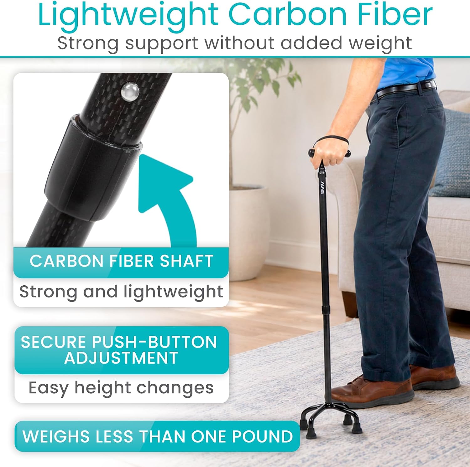 Vive Ultra-Lightweight Quad Cane - Carbon Fiber Walking Stick for Men | Women - Adjustable Ergonomic Grip Handle - Nonslip 4 Prong Rubber Tips for