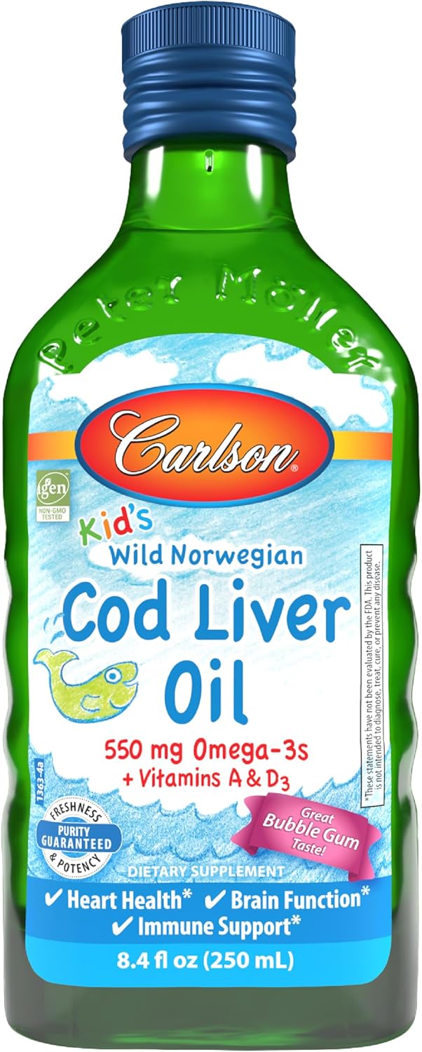 Carlson Cod Liver Oil, 1100 mg, Omega-3s, Lemon, 500 mL (16.9 Fl Oz) | plus Vitamins A and D3; Wild Caught Norwegian Arctic Cod Liver Oil; Sustainably Sourced Nordic Fish Oil Liquid