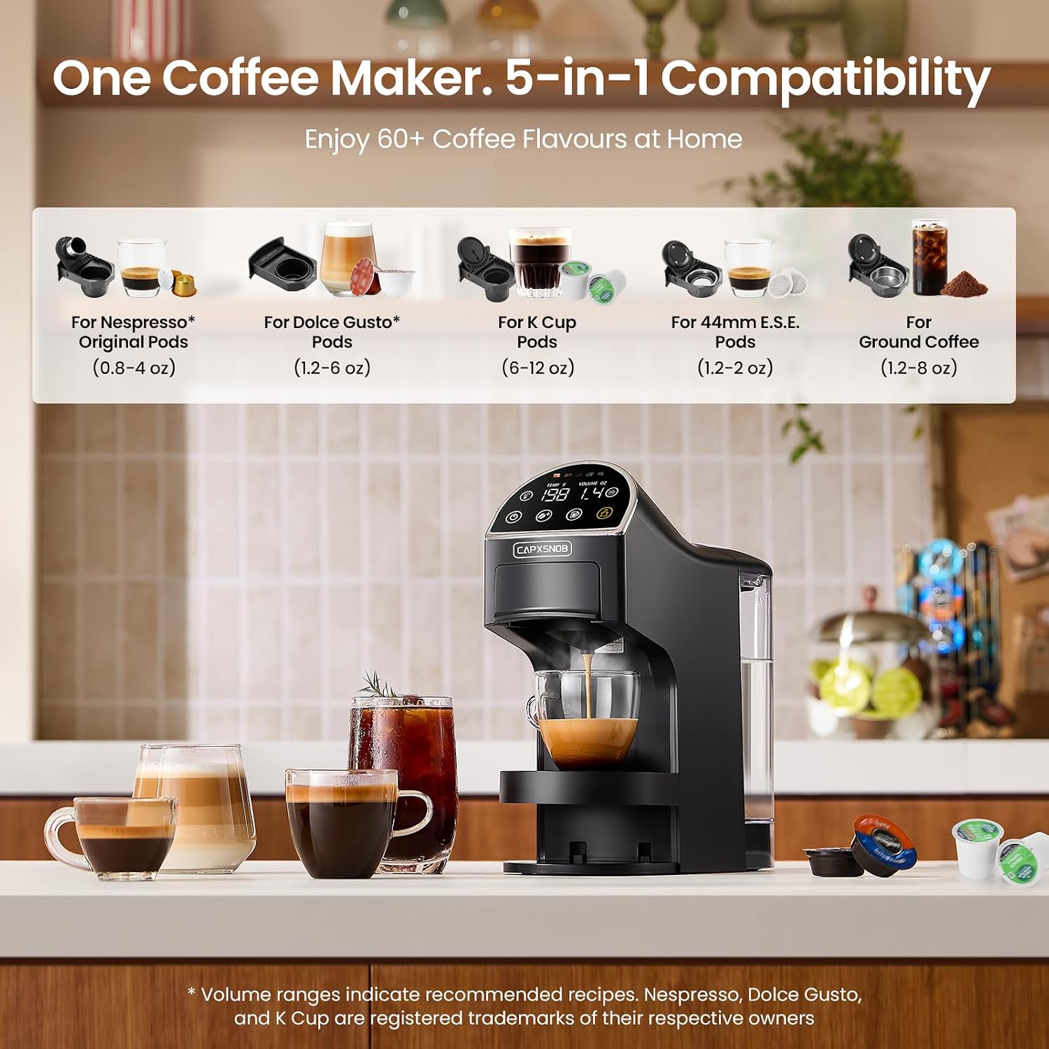 Magician2 5-in-1 Mini Coffee Maker & Machine | 20 Bar, LED Touch, 42oz Tank | Fits K Cup/Nespresso/Dolce Gusto & ESE Pods, Touchscreen & Pods Recognition, Adjustable Temp/Volume, For Kitchen/Office/Dorm