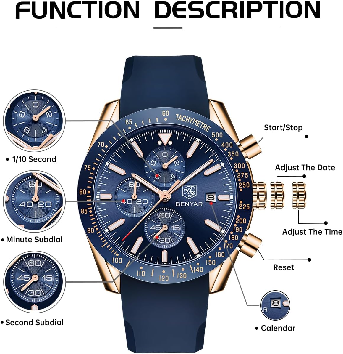 BENYAR Watch for Men Analog Quartz Chronograph Waterproof Luminous Designer Mens Wrist Watches Business Work Sport Casual Dress Watch with Silicone Strap Elegant Gifts for Men