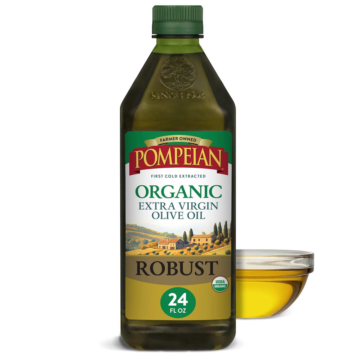 Pompeian Robust Organic Extra Virgin Olive Oil - 16 fl oz | First Cold Pressed Olive Oil for Cooking - Full-Bodied Taste for Dressings and Marinades