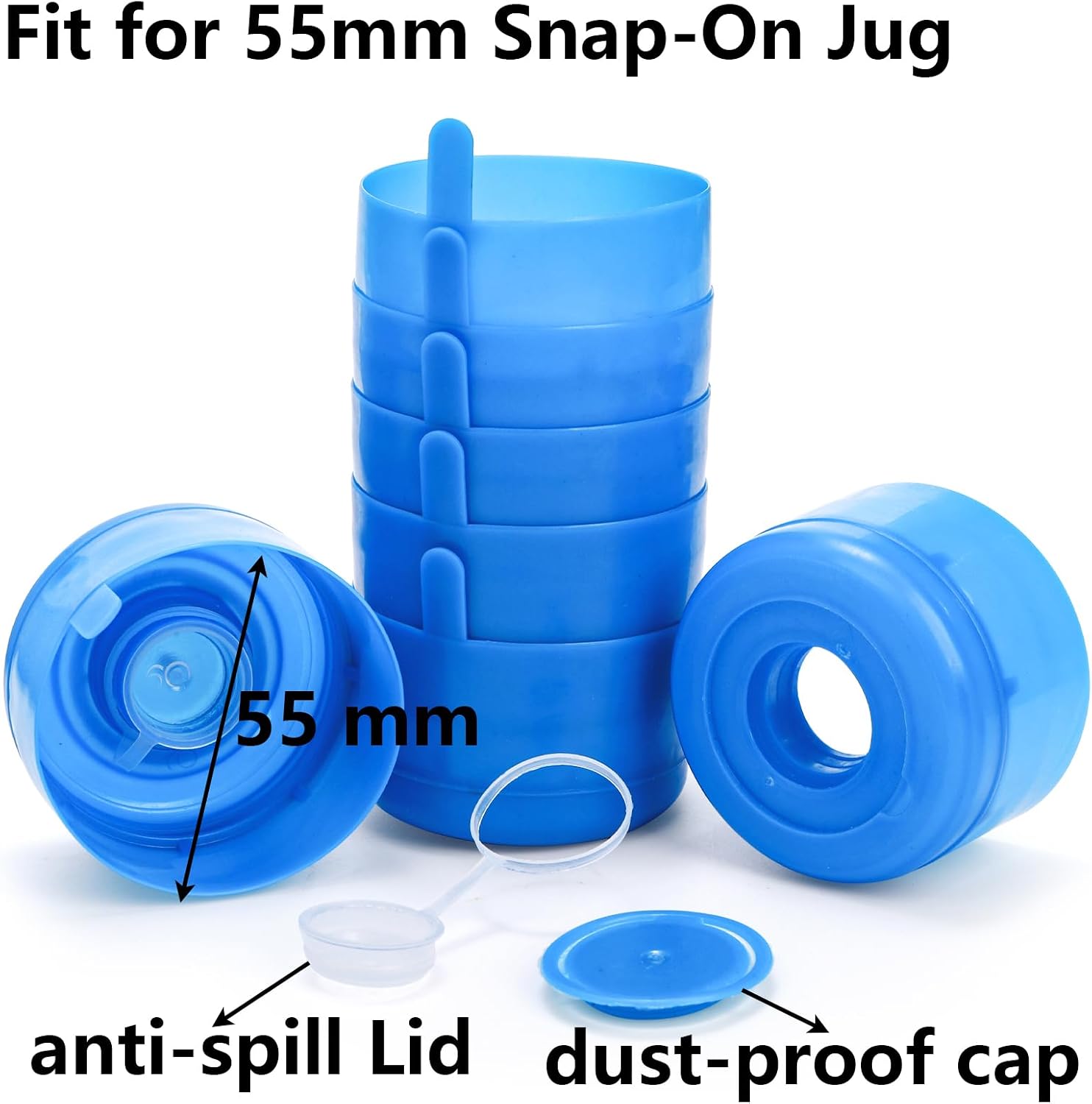 Jucoan 100 Pack Water Bottle Caps, 55mm 3&5 Gallon Non Spill Water Jug Caps, Replacement Snap On Caps for Water Dispenser Jugs