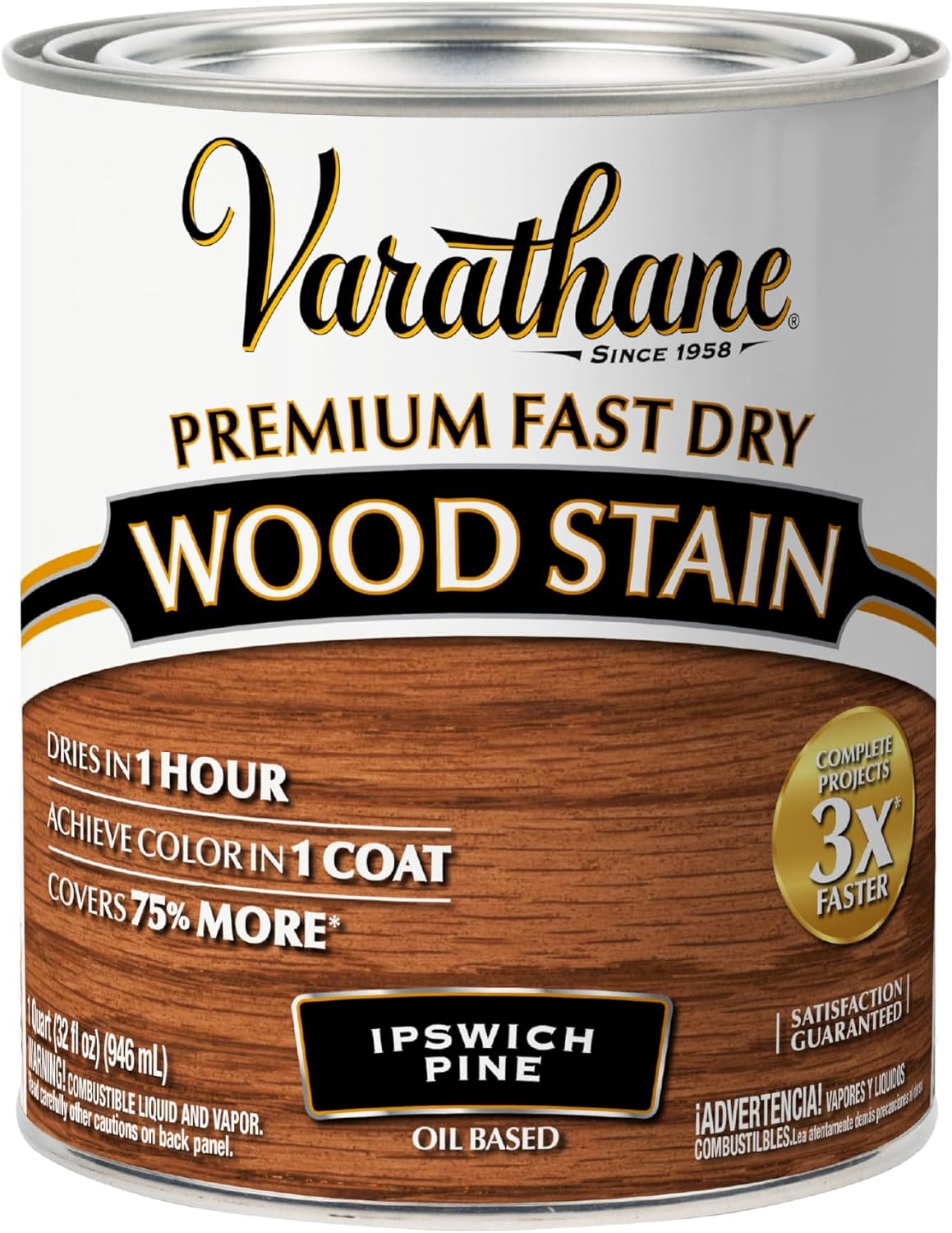 Varathane Premium Fast Dry Weathered Gray Wood Stain | Oil-Based, 1 Coat Color, 1 Hour Dry Time, Interior Wood Stain, Furniture, Cabinets, Doors, Covers Up to 275 Sq Ft, Quart