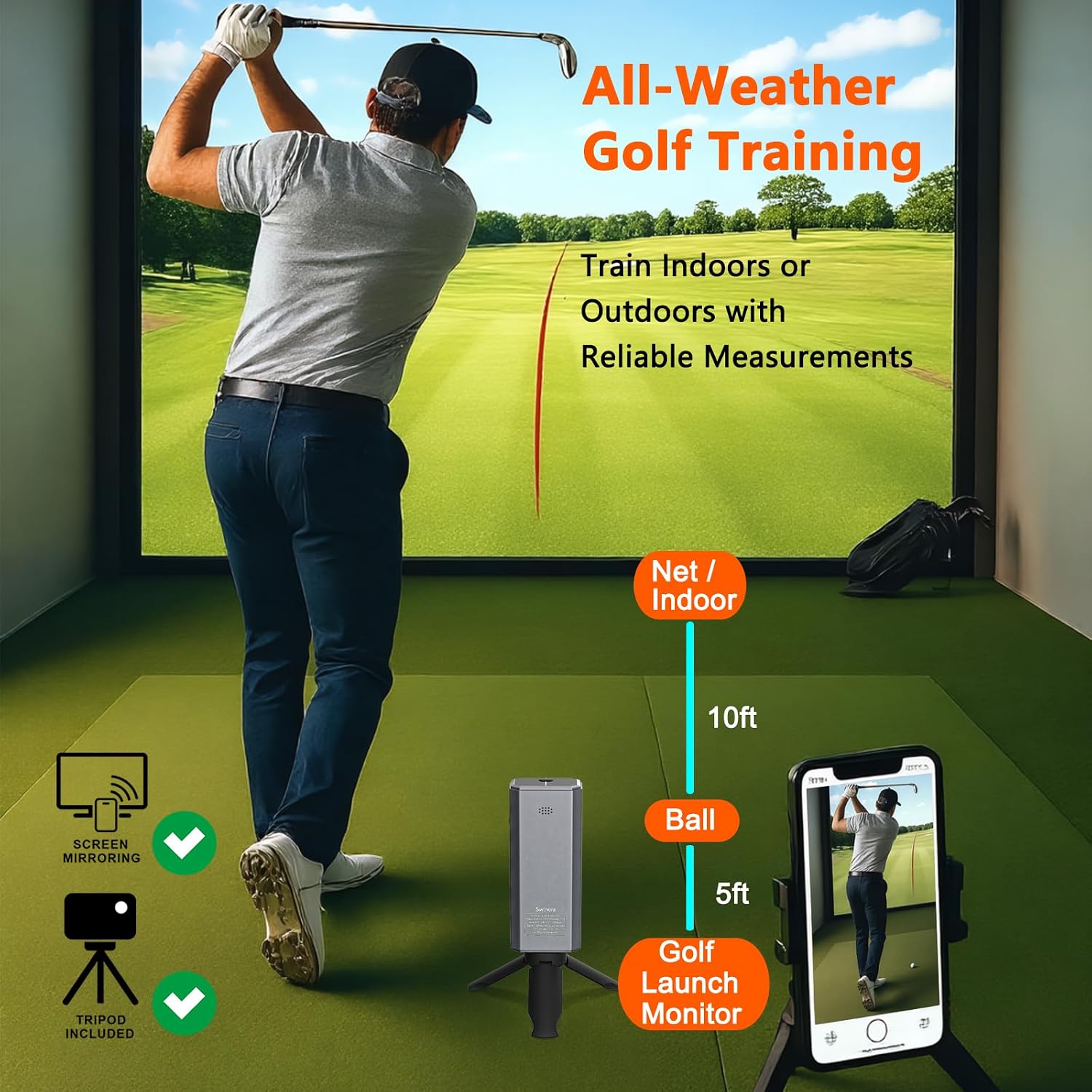Golf Launch Monitor & Portable Swing Analyzer with 13 Metrics | Multi-Angle Practice Views