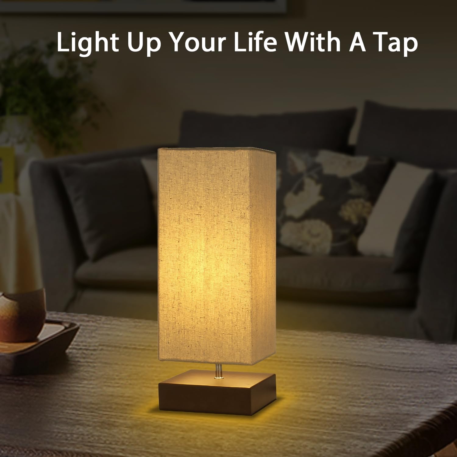Touch Control Table Lamp Bedside 3 Way Dimmable Touch Desk Lamp Modern Nightstand Lamp with Square Fabric Lamp Shade Simple Night Light for Bedroom