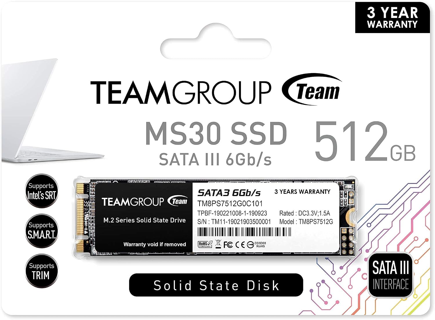 TEAMGROUP MS30 1TB with SLC Cache 3D NAND TLC M.2 2280 SATA III 6Gb/s Internal Solid State Drive SSD (Read/Write Speed up to 530/480 MB/s) Compatible with Laptop & PC Desktop TM8PS7001T0C101