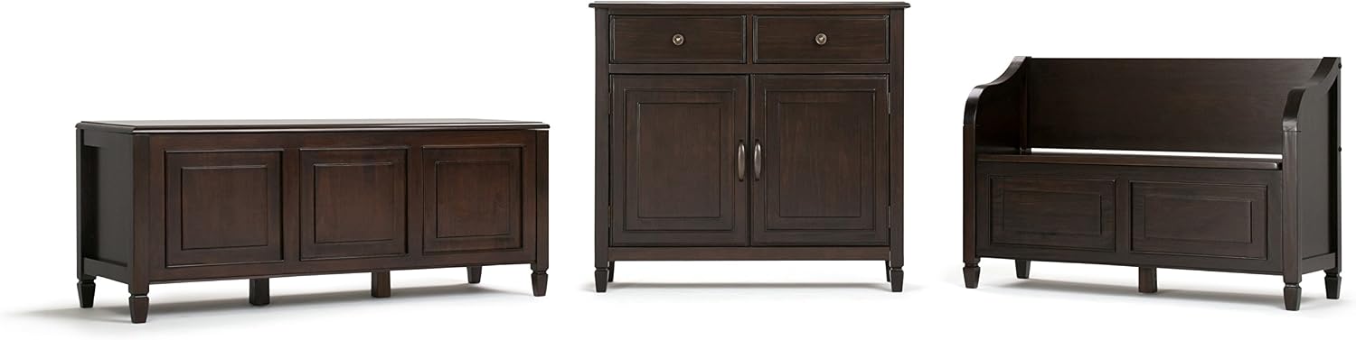 SIMPLIHOME Harvey 47" Wide Solid Mango Wood Bench in Natural | Traditional entryway bench in dark chestnut brown with a lift-up lid and 3 hidden compartments; shoe or hallway bench.