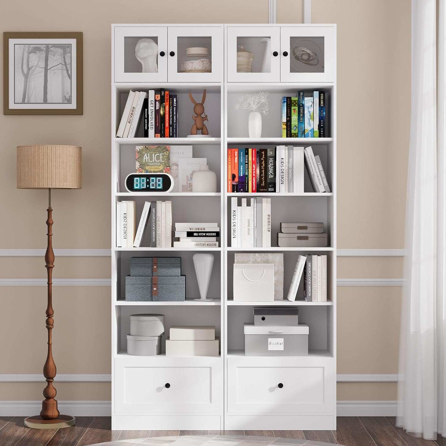 TUSY 85.5 Inch Tall Bookshelf with Doors - 7 Tier Bookcase with Glass Doors and Drawer, 23.6" Wide Storage Cabinet with Open Shelves for Living Room, White Book Shelf for Home Office, Study (AAAA)