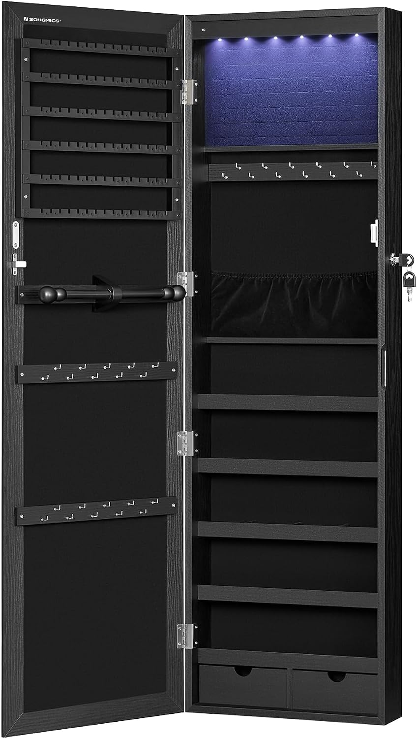 SONGMICS 6 LEDs Mirror Jewelry Cabinet, 47.2-Inch Tall Lockable Wall or Door Mounted Jewelry Armoire Organizer with Mirror, 2 Drawers, 3.9 x 14.6 x 47.2 Inches, White UJJC93W