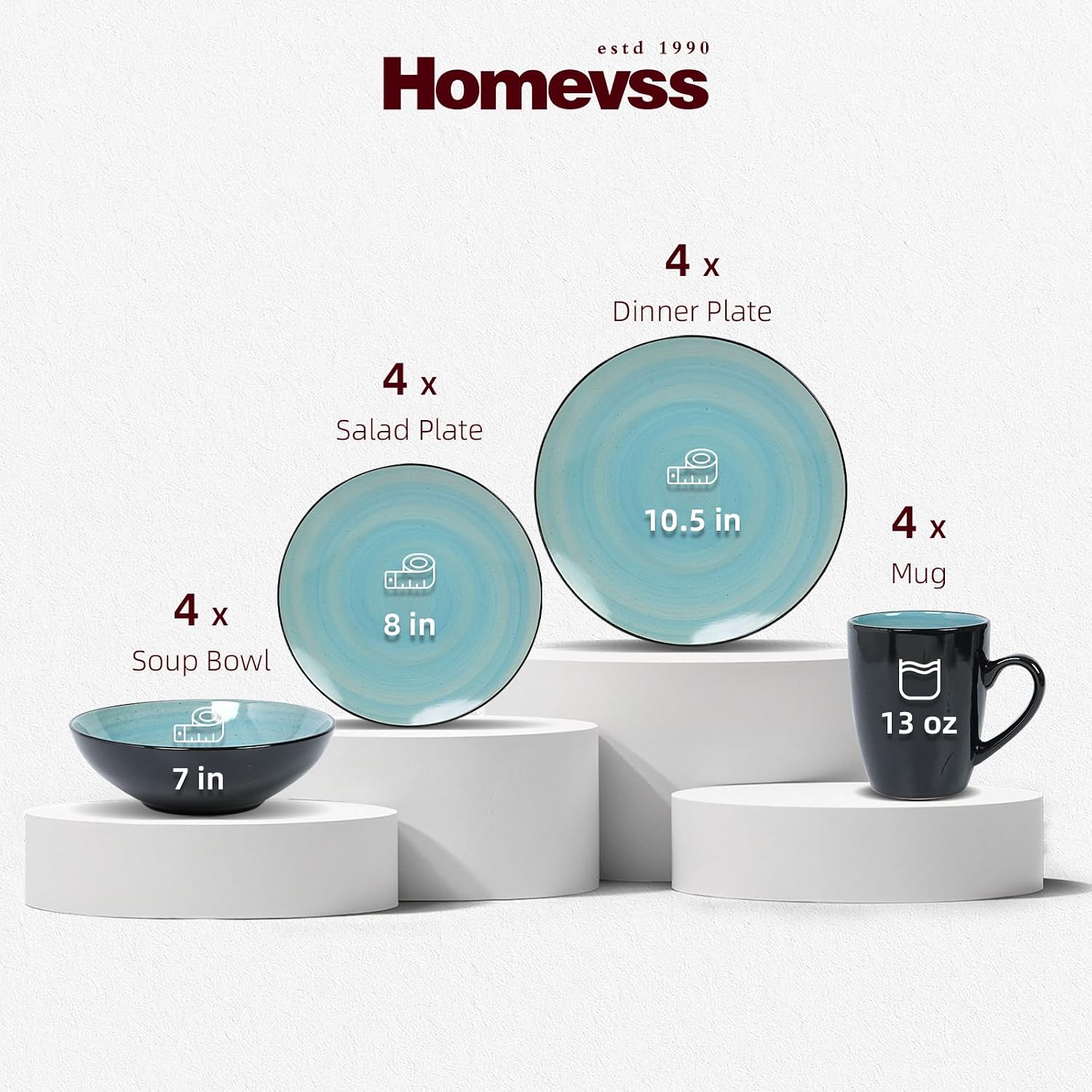 HomeVss, Sonoma Stoneware Dinnerware Set, Outside Black + Inside Hand Painting Color (16pc Set, Grey)