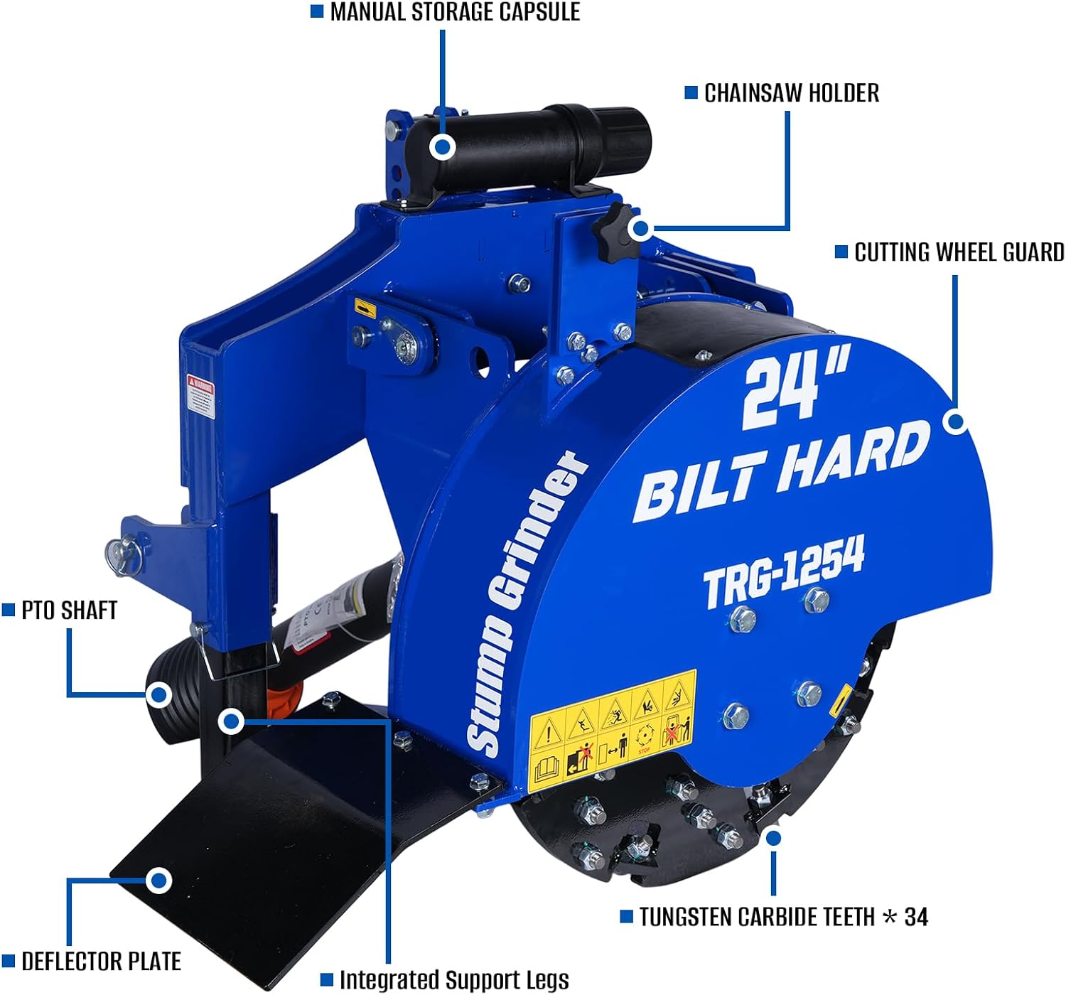 BILT HARD 3 Point PTO Stump Grinder for Tractors, 15-45HP, 6'' Cutting Depth with 34 Carbide Teeth and 24'' Flywheel Diameter for Tree Stump Removal