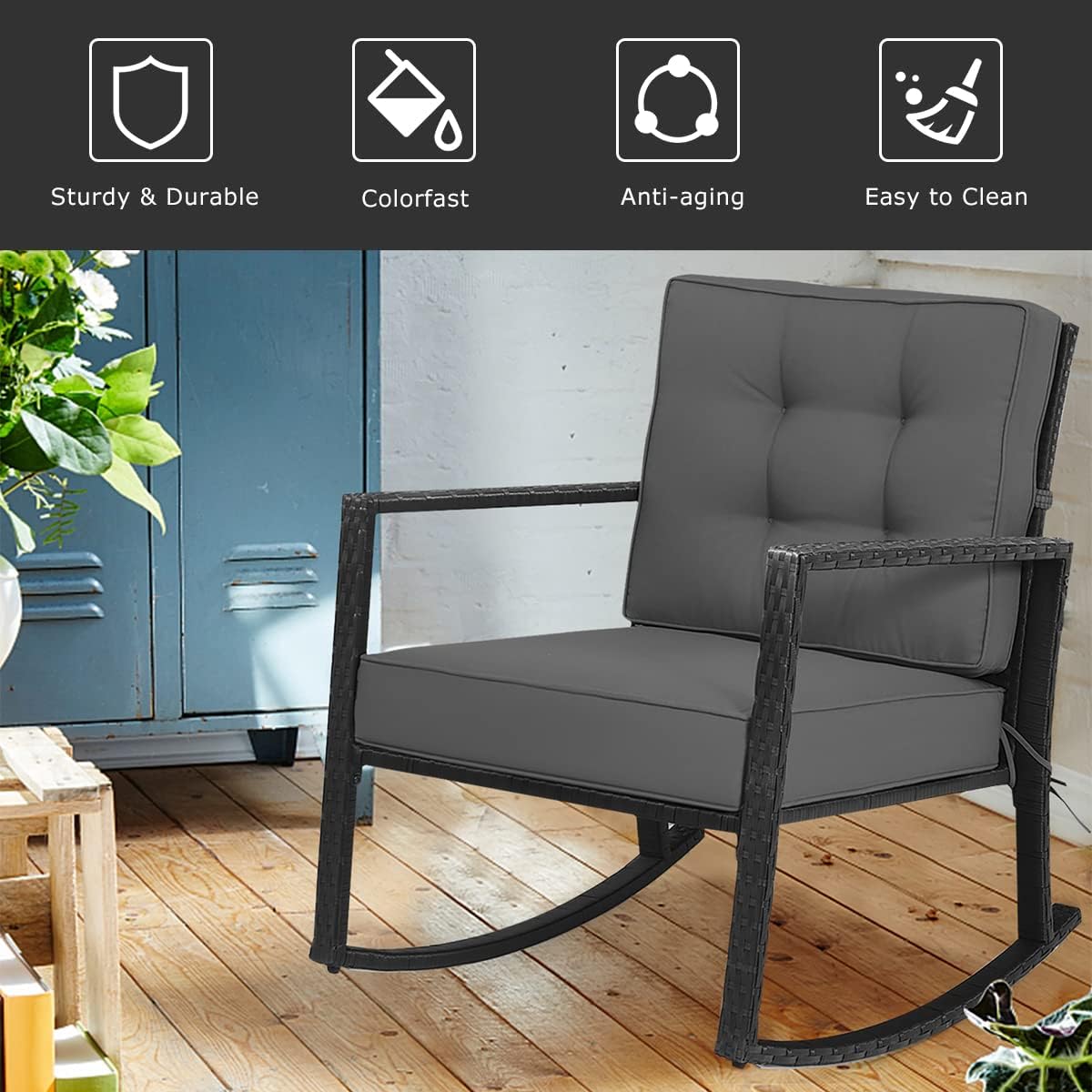 Tangkula Wicker Rocking Chair, Outdoor Glider Rattan Rocker Chair with Heavy-Duty Steel Frame