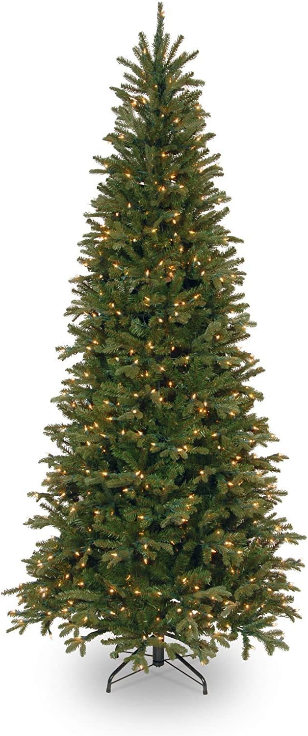 National Tree Company 7.5ft Pre-Lit Tiffany Fir Slim Christmas Tree | 600 Clear Lights, 1,878 Tips, Includes Stand, Artificial, Green