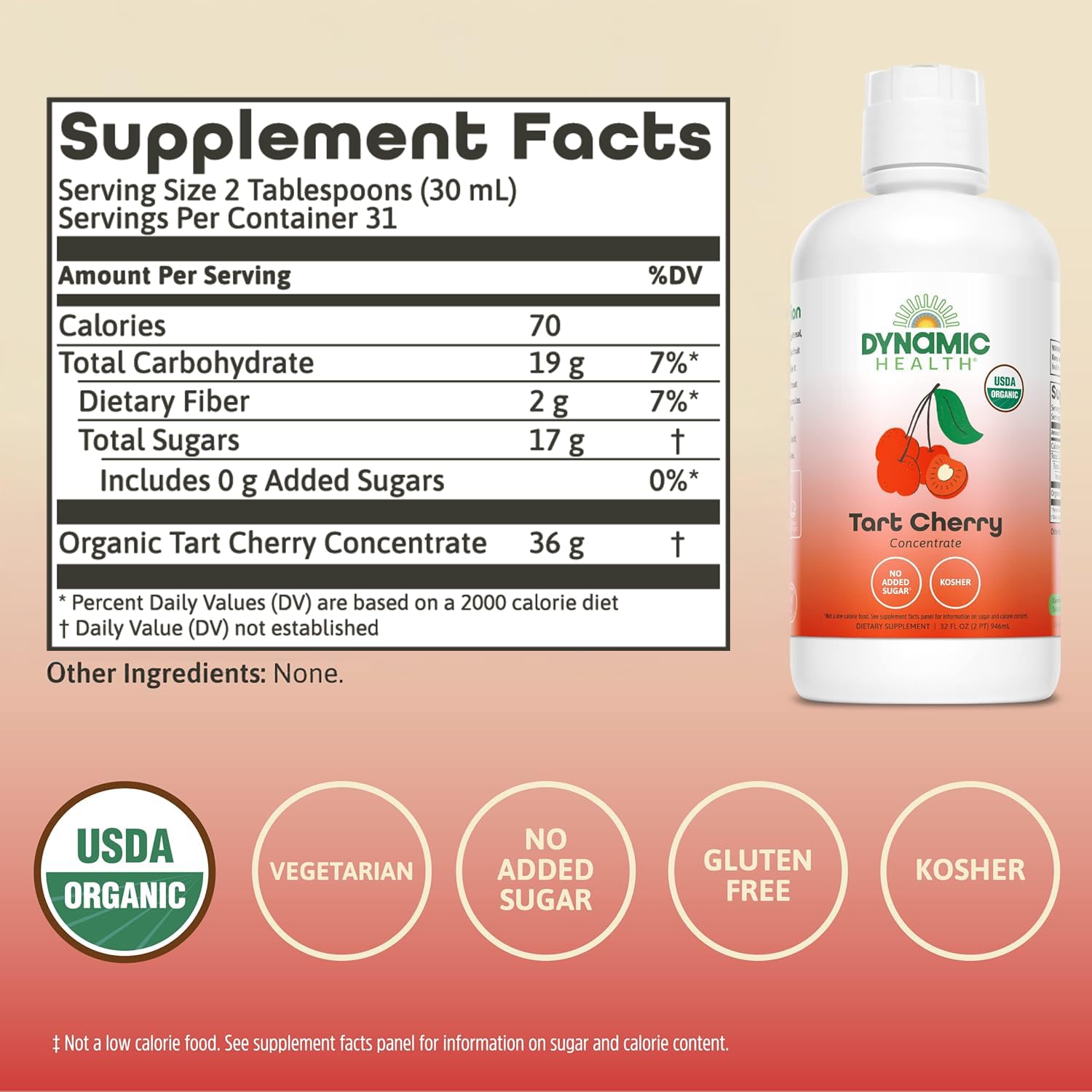 DYNAMIC HEALTH Organic 100% Tart Cherry Juice Concentrate, 32 fl oz | Antioxidant Support, Unsweetened, No Additives, 31 Servings, Vegan, Gluten Free