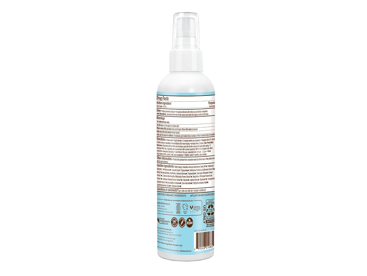 Babo Botanicals Sensitive Baby Mineral Sunscreen Spray SPF30 - Natural Zinc Oxide - Non-Aerosol – Face & Body - Fragrance-Free - Water Resistant