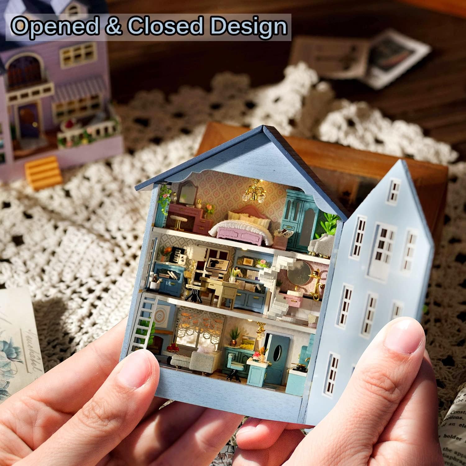 DIY Miniature Dollhouse Kit with Furniture Plus Dust Proof | 1:24 Scale Creative Room Mini Wooden Doll House Accessories for Kids Teens Adults Aged 14+(Beach Cottage)
