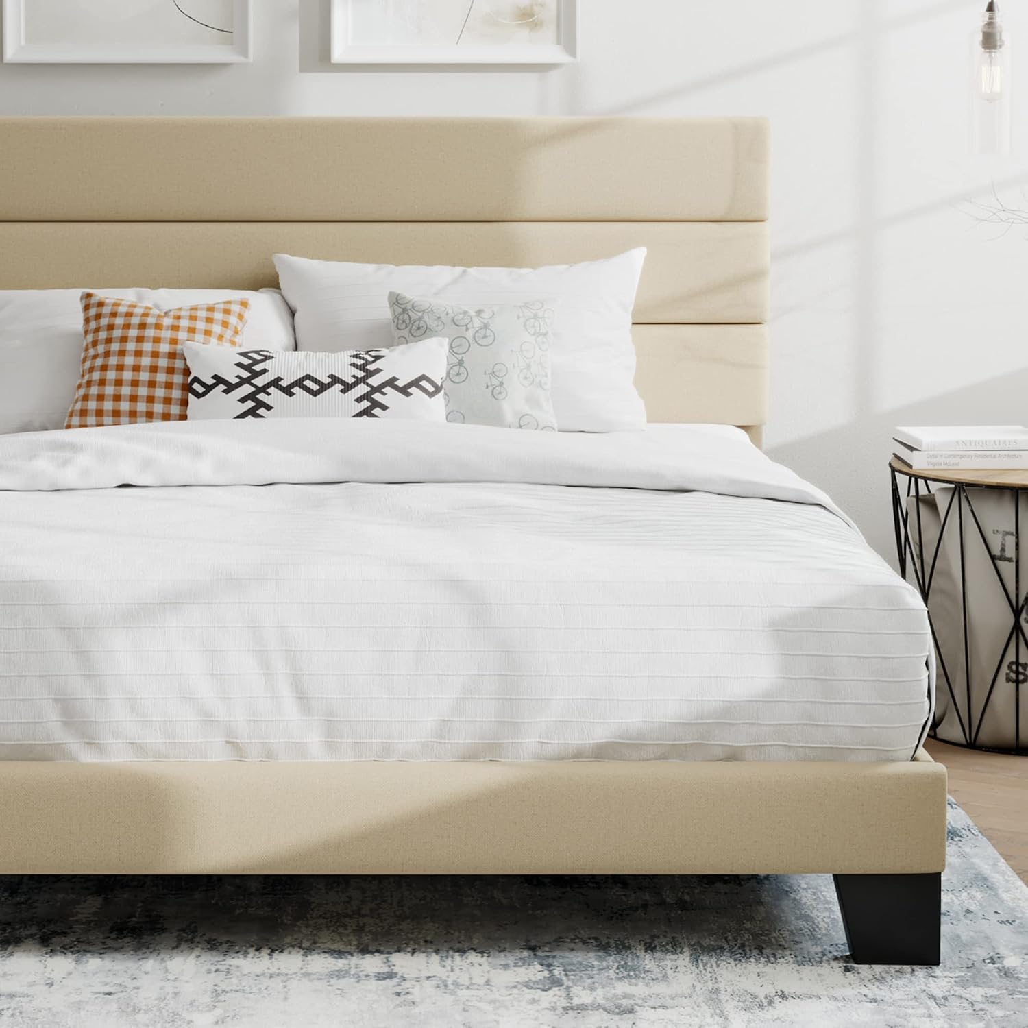 SHA CERLIN Full Platform Bed Frame with Upholstered Fabric Headboard, Grey