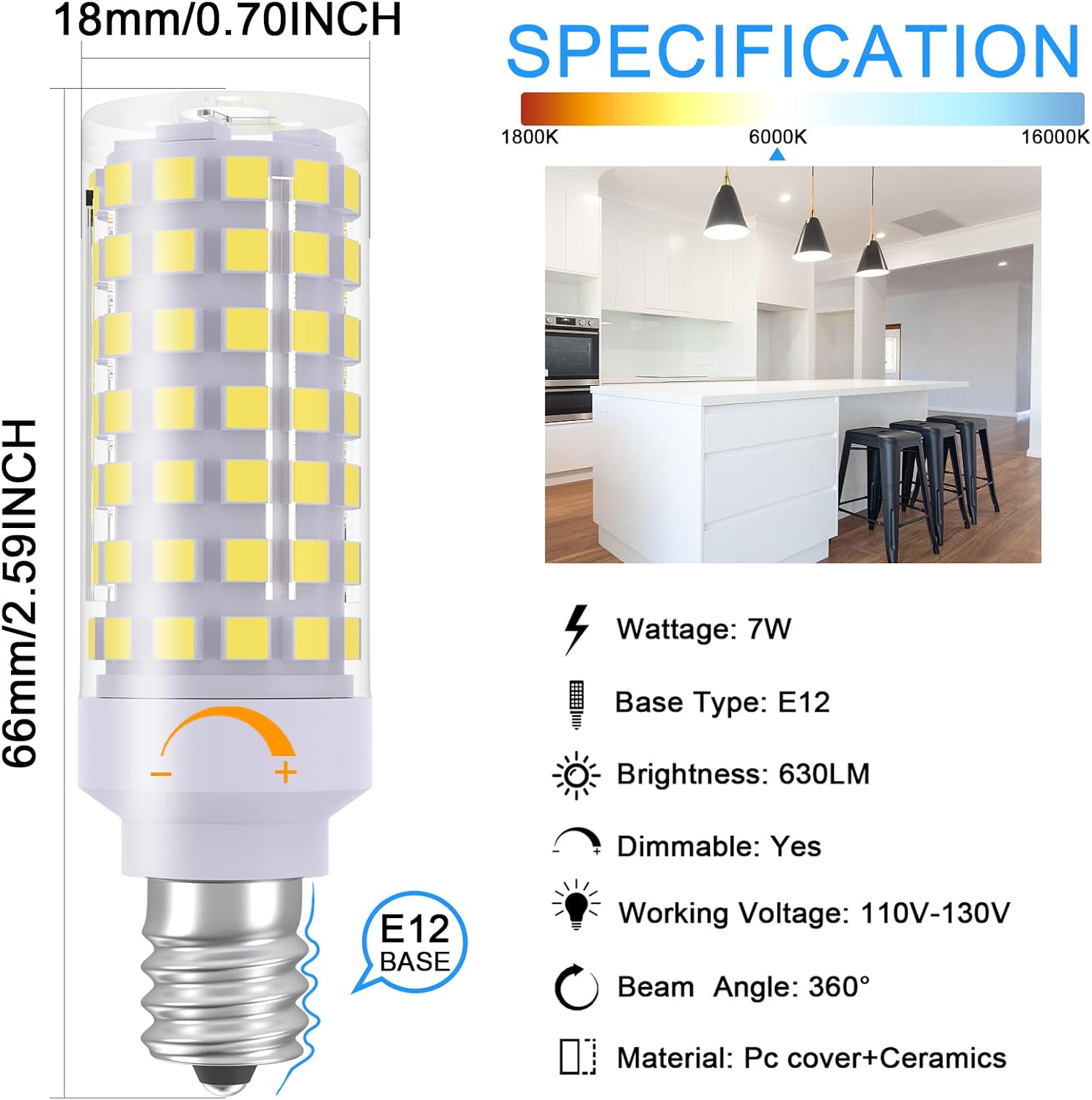 E12 LED Bulb Dimmable 7W Equivalent to 60W Halogen Bulb, Warm White 3000K T6 C7 E12 Candelabra Bulb 60 Watt for Ceiling Fan, Chandelier Lighting, AC120V Kx-2000 Bulbrite Replacement (6 Pack)