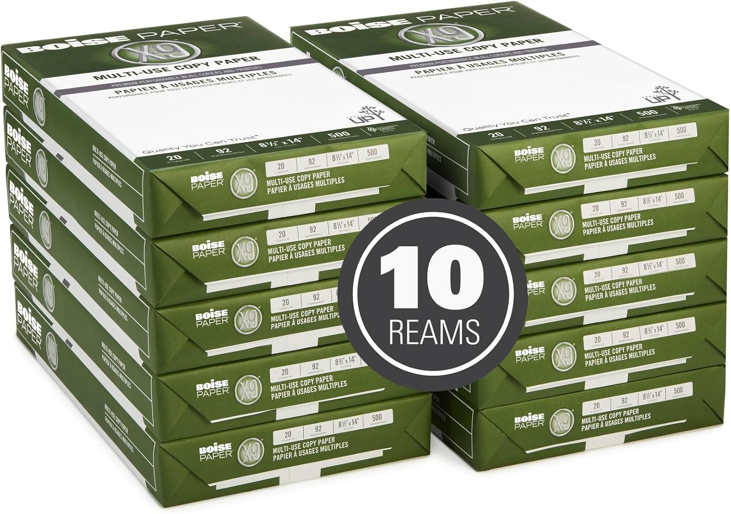 Boise® X-9® Multi-Use Printer & Copy Paper, 10 Reams, White, Legal (8.5" x 14"), 5000 Sheets Per Case, 20 Lb, 92 Brightn
