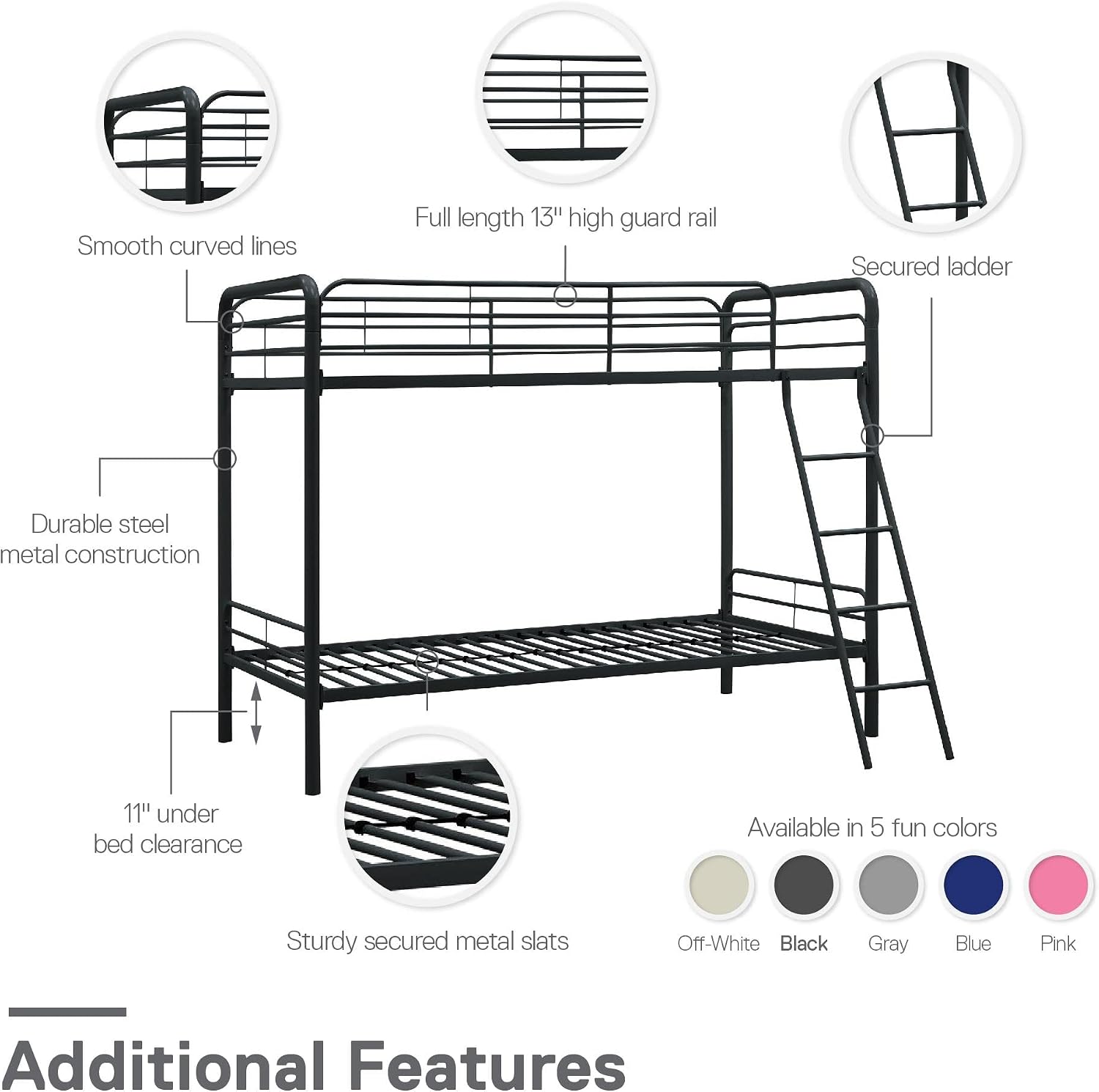 DHP Twin-Over-Futon Convertible Couch and Bed with Metal Frame, Ladder and Guardrails - Black