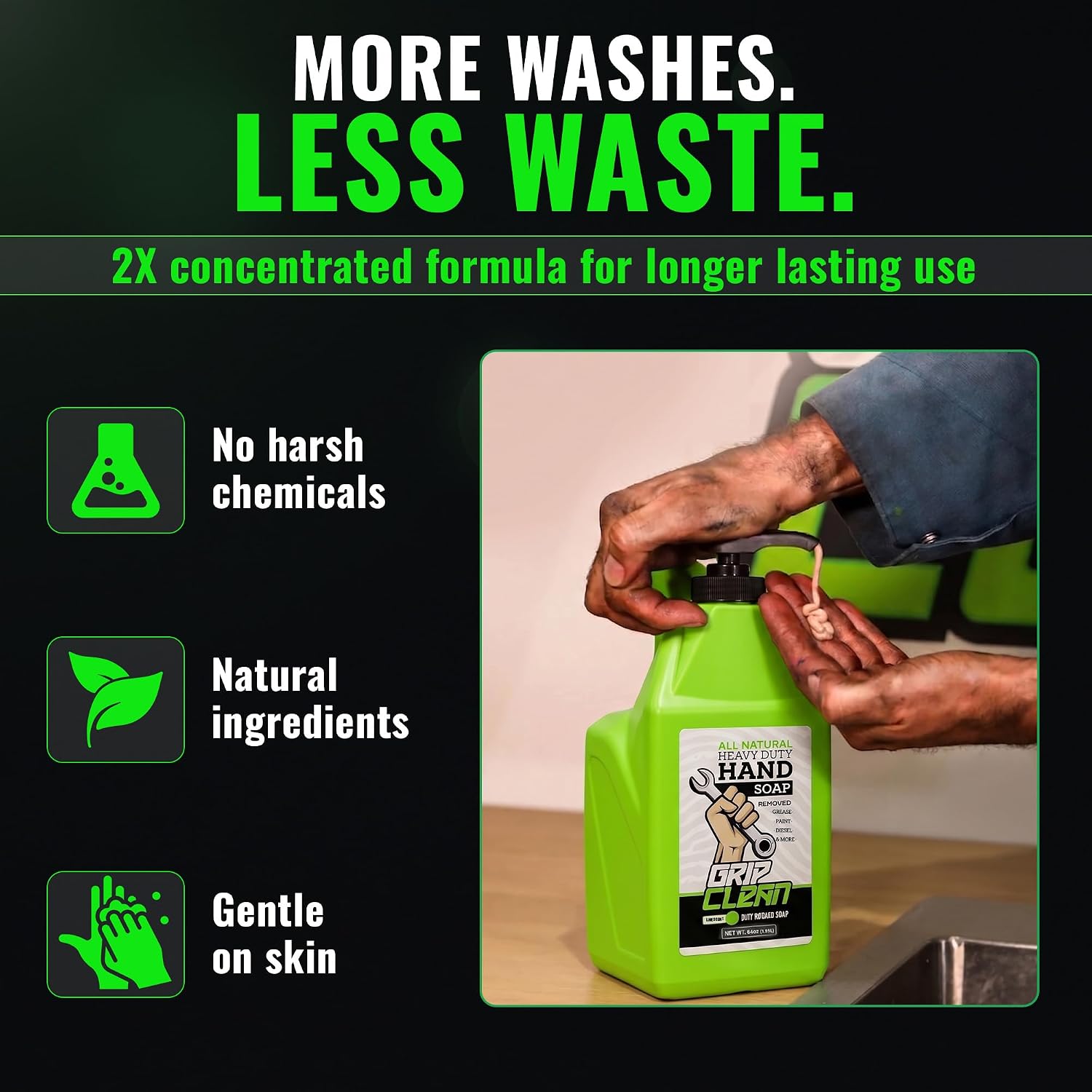 Grip Clean Heavy Duty Hand Cleaner For Mechanics, Natural Pumice, 64 Oz | Clay Infused, Grease, Oil, Grime Remover, Moisturizing Coconut Olive Oils, Lime Scent, For Shop, Garage, Industrial Use