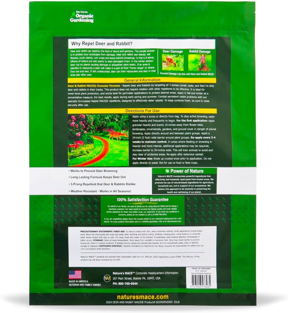 Nature's MACE Deer & Rabbit Repellent 25 lb Granules | Covers 25,000 Sq Ft, Repel Deer from Your Home & Garden, Deterrent, Safe to use Around Children, Plants, Produce.