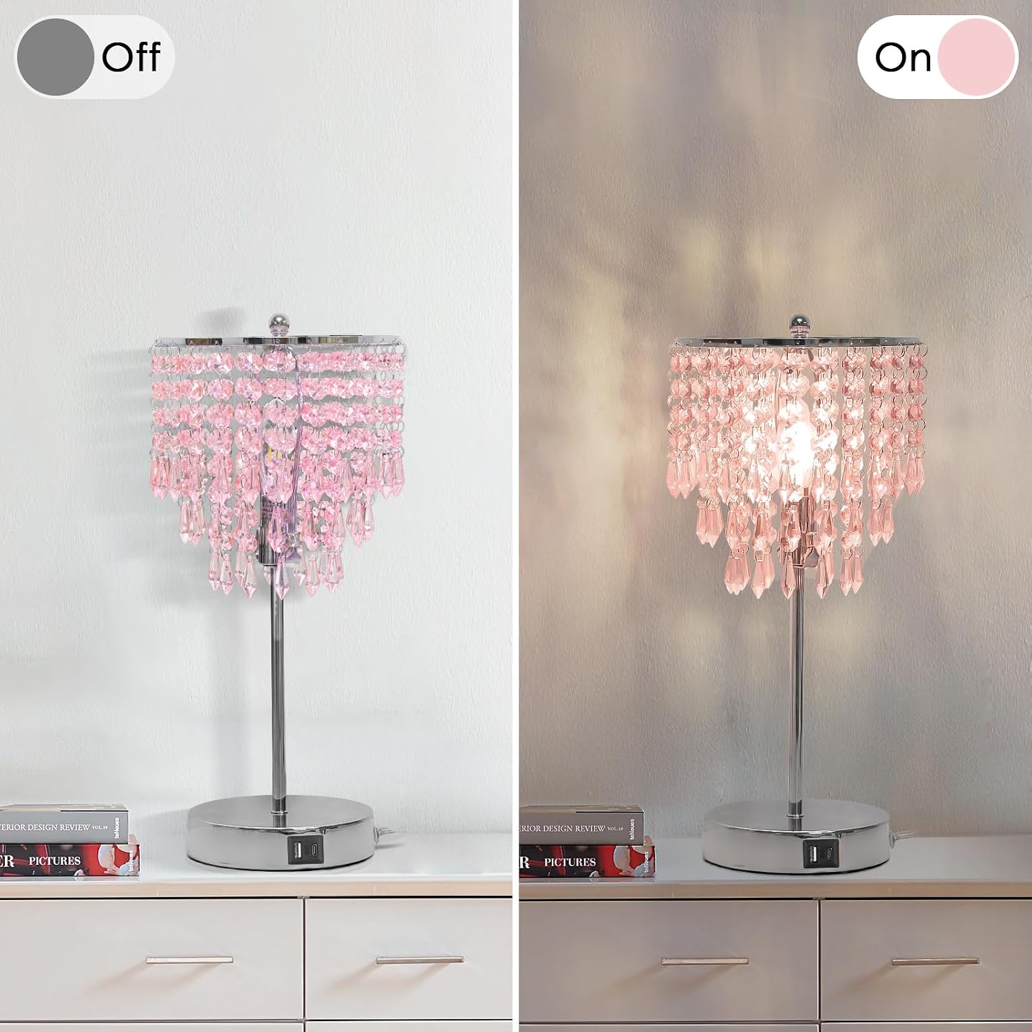 Touch Control Crystal Table Lamp with USB C+A Charging Ports, 3-Way Dimmable Bedside Touch Lamp Decorative Nightstand Lamp with Elegant Lampshade for Living Room Bedroom, B11 LED Bulb Included