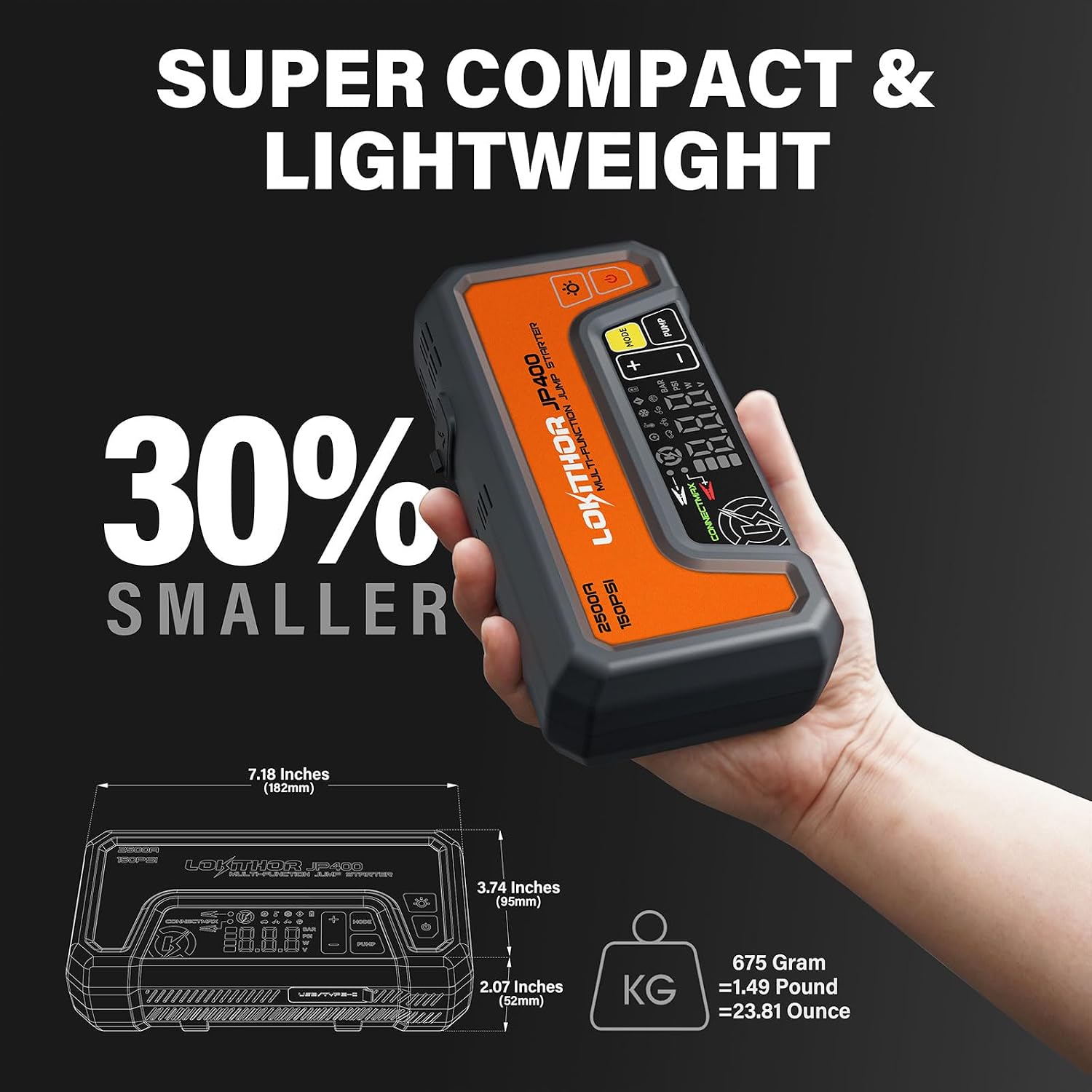 LOKITHOR JP400 Jump Starter with Air Compressor for 8.5L Gas/6.5L Diesel | 2500A 12V Portable Jumper Starter for Car, 150PSI Tire Inflator, 300 Lumen LED Light, Power Bank, ConnectMax, Jumper Cables