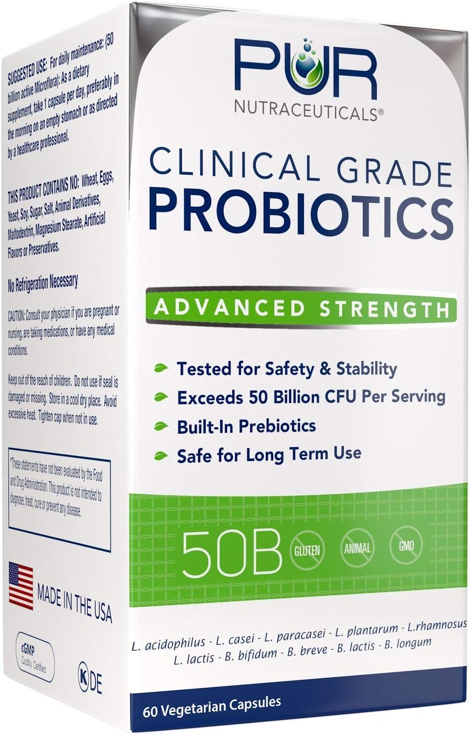 Clinical Grade Probiotics, 50 Billion CFUs, 60 Capsules | 10 Strains, Built-In Prebiotic, 2 Month Supply, All Natural, 100% Made in USA