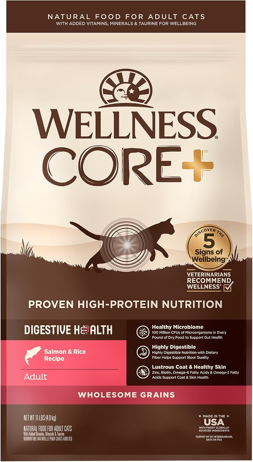 Wellness CORE+ Adult Dry Cat Food, Natural, Wholesome Grains Kibble, Digestive Health Chicken and Rice Recipe, 5 lb Bag