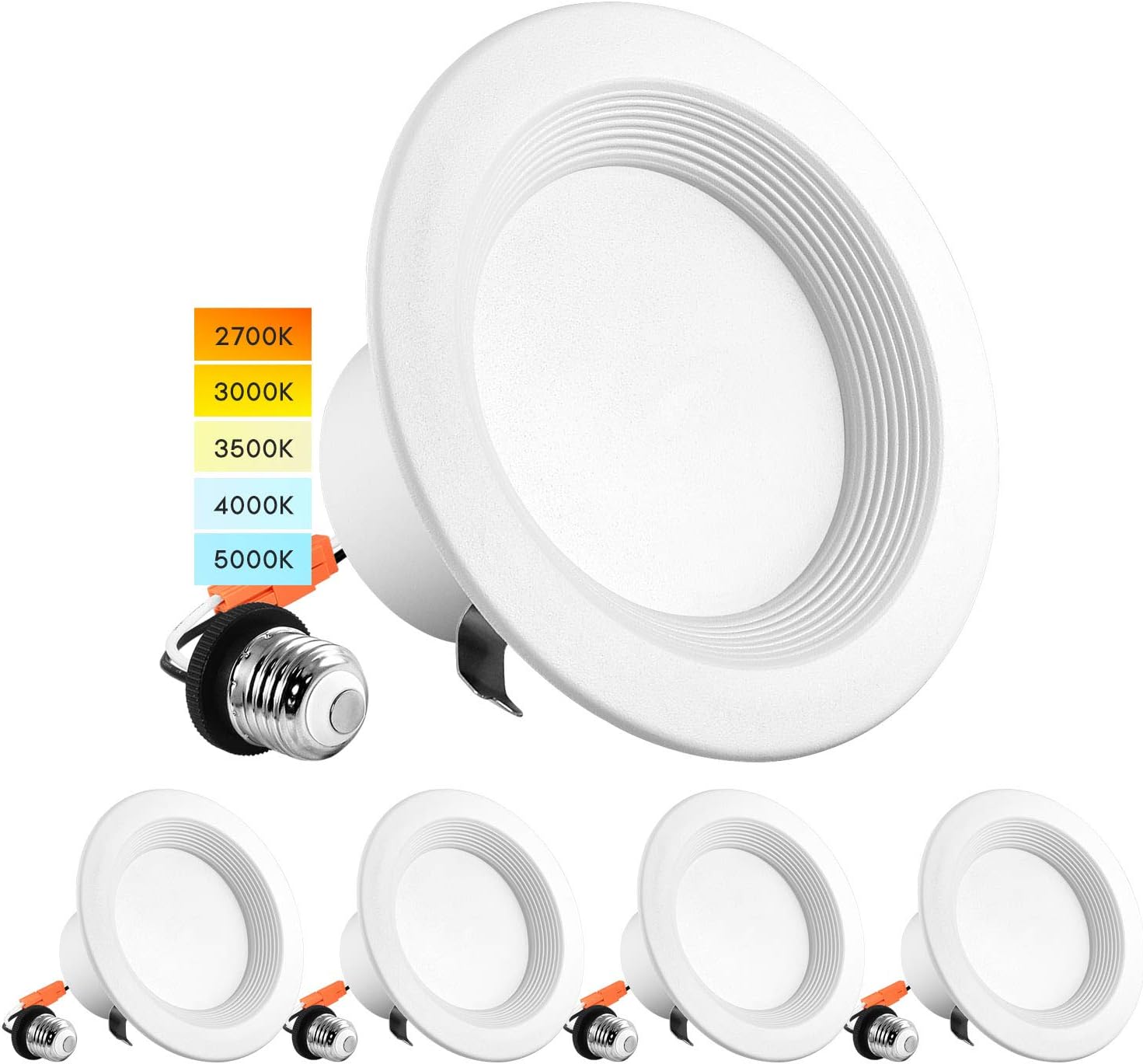 LUXRITE 4 Inch LED Recessed Can Lights, 10W=60W, CCT Color Selectable 2700K | 3000K | 3500K | 4000K | 5000K, Dimmable Retrofit Downlights, 750 Lumens