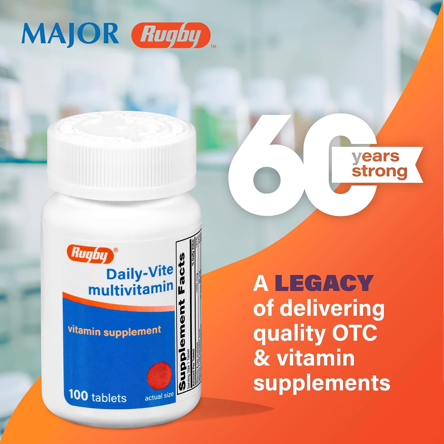 Rugby Daily-Vite Multivitamin for Adults, 100 Tablets (2-Pack) | Gluten-Free Dietary Supplement with Vitamin A, C, D and Thiamin