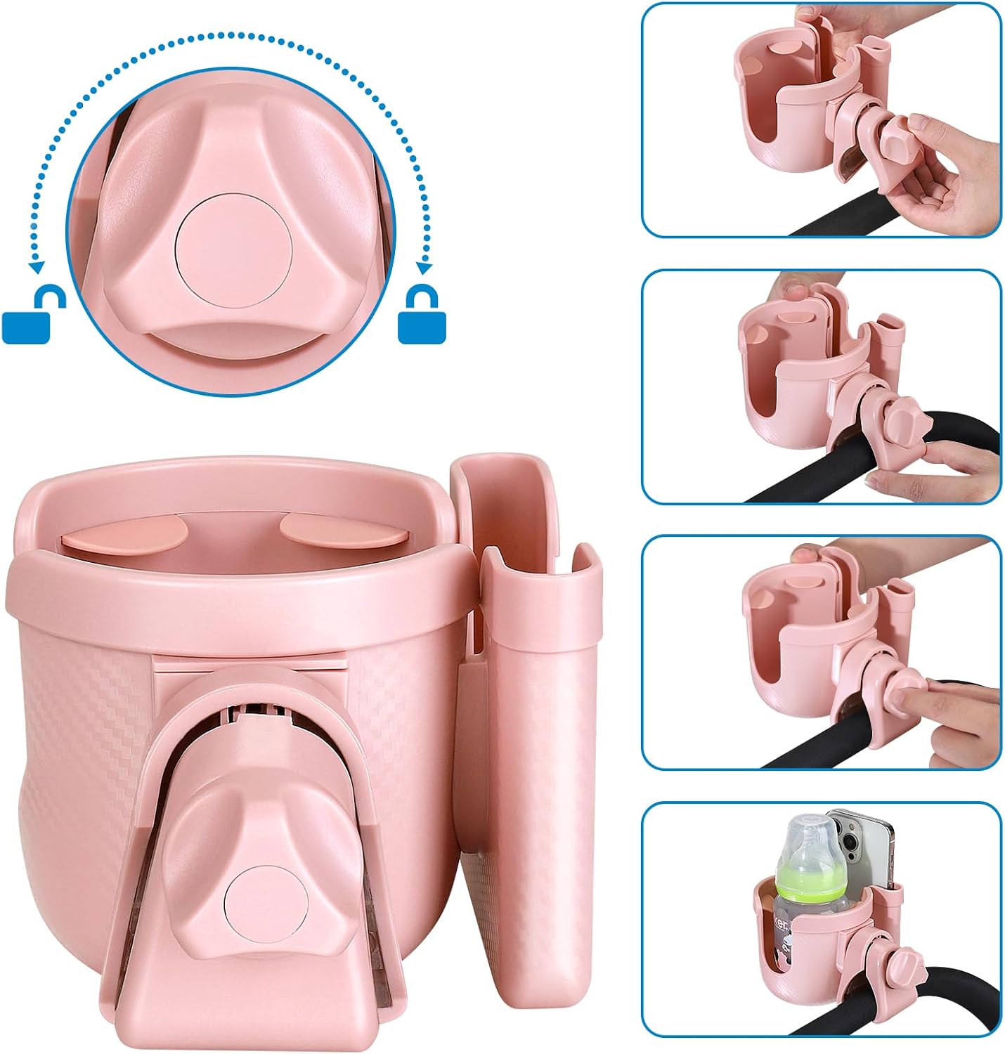 Accmor Stroller Cup Holder with Phone Holder, Bike Cup Holder, Universal Cup Holder for Uppababy Nuna Strollers, 2-in-1 Drinks Holder for Walker