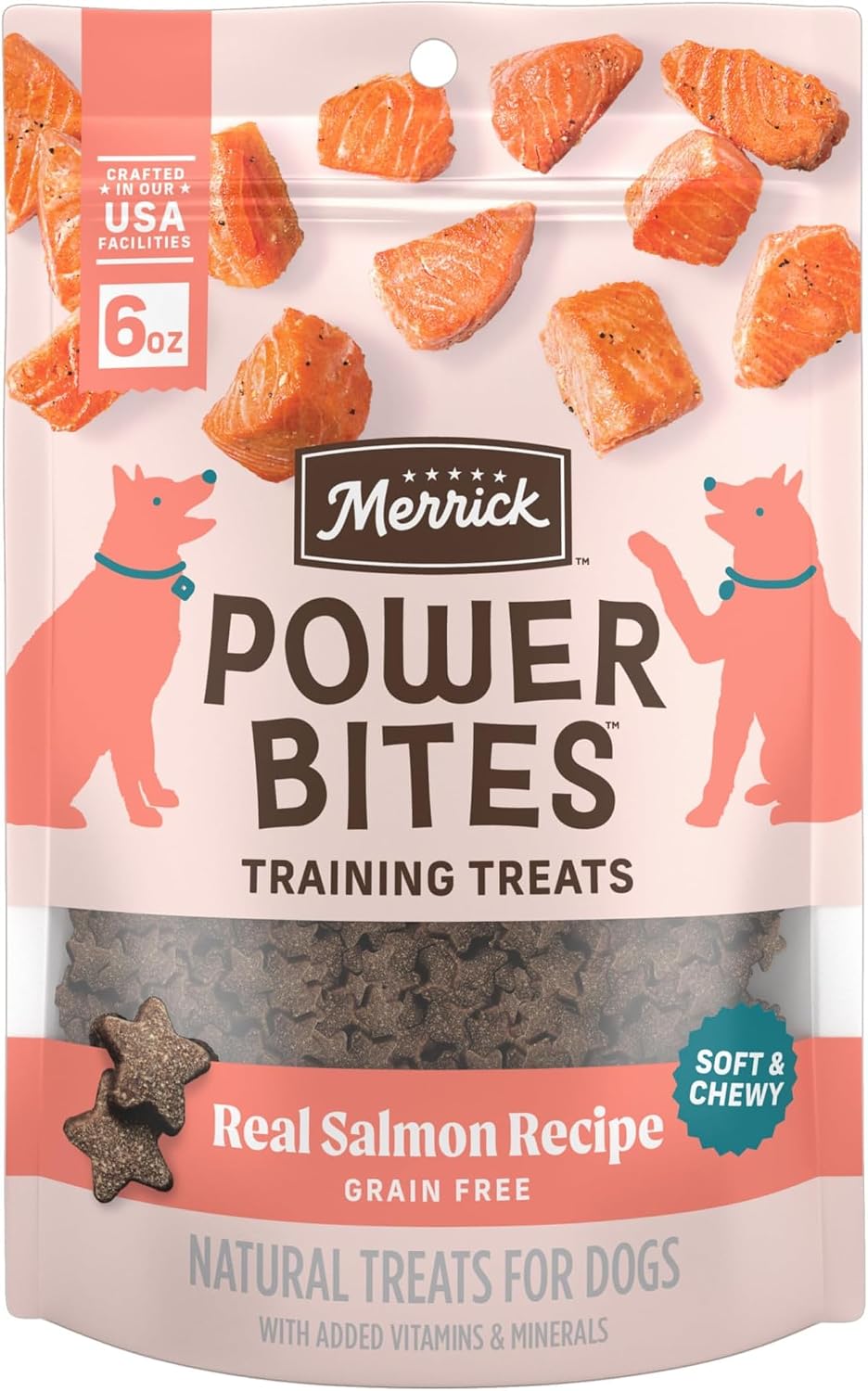 Merrick Power Bites Salmon Grain Free Dog Treats 6 oz Bag | Wholesome and flavorful dog treats made with salmon as the #1 ingredient, perfect for anytime snacking or training rewards