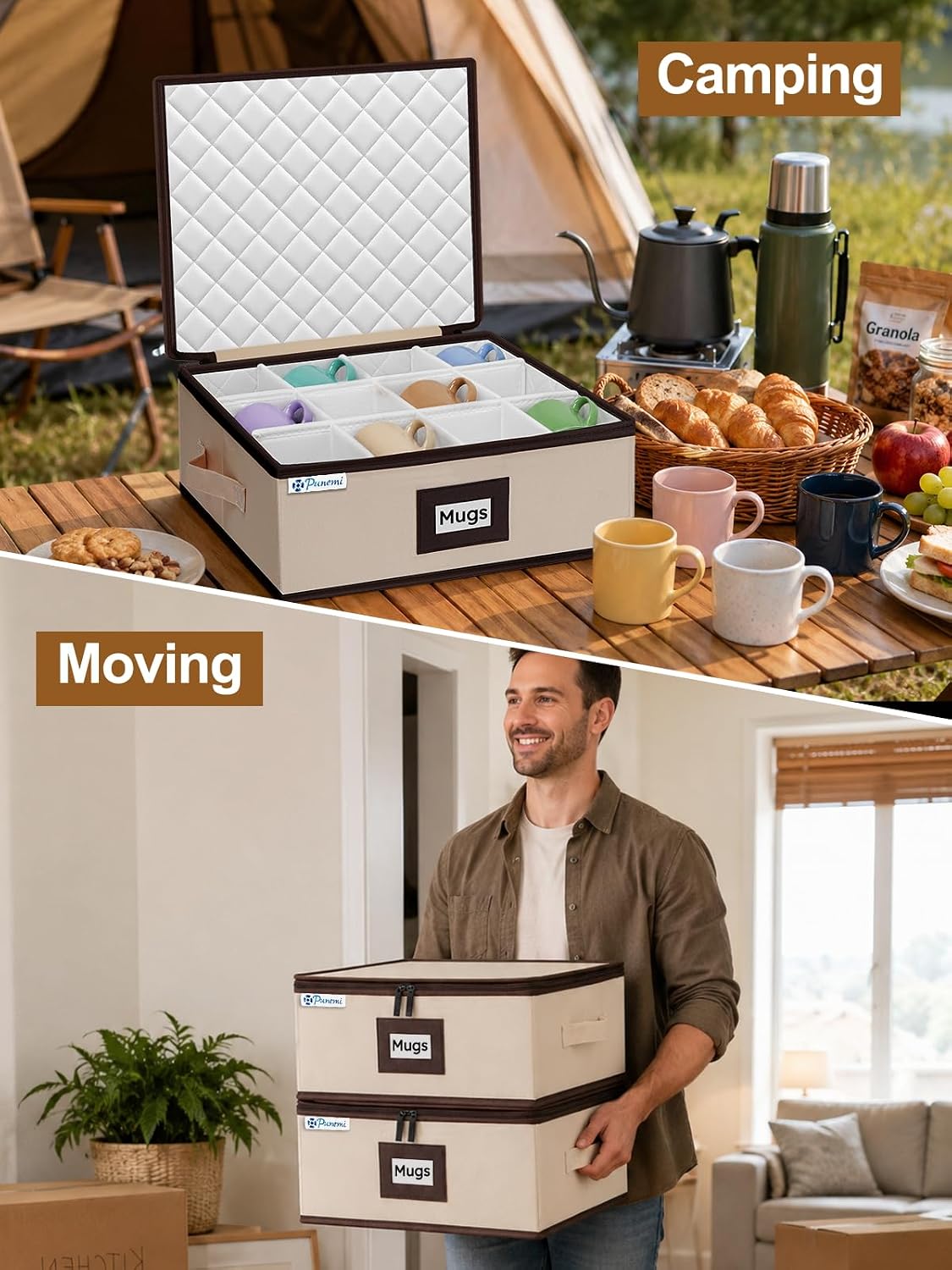 China Storage Containers, 4-Pack Hard Shell Plate & Dish Cases for Moving | Padded dividers and quilted lining protect plates and dishes; stackable for moving and holiday storage, beige hold set of 12