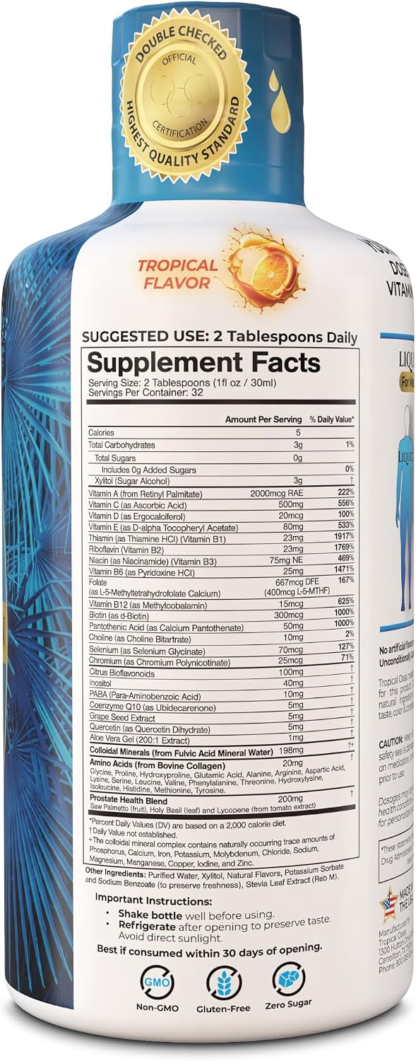 Tropical Oasis Adult Liquid Multivitamin -Liquid Multi-Vitamin and Mineral Supplement with 125 Total Nutrients Including; 85 Vitamins & Minerals, 23 Amino Acids, and 18 Herbs - 16 fl oz, 32 serv