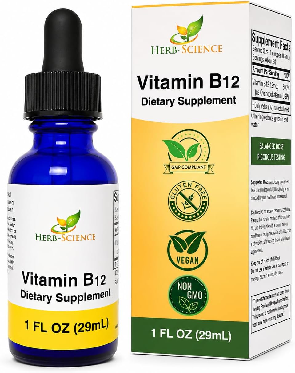 Liquid Vitamin B12 – Cold-Pressed, High Absorption, Vegan, Alcohol-Free, Sublingual B12 Drops, Cyanocobalamin, No Artificial Flavors