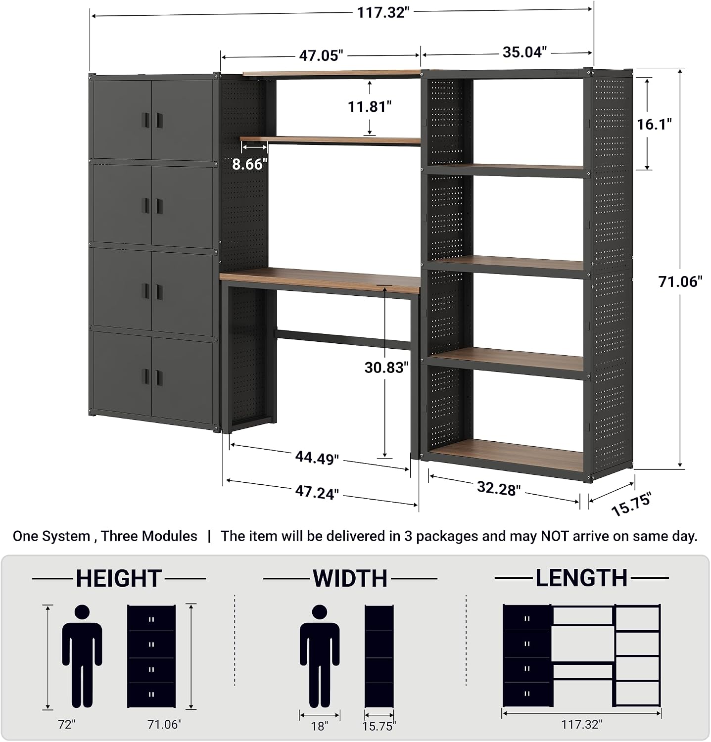 FLEXIMOUNTS 117"W Modular Garage Storage Cabinet with Workbench, Black | 6 Doors, 3700lbs capacity, Metal board shelf includes pegboard, 3-in-1 metal tool cabinet, 24-gauge steel, FLEXIMOD Series