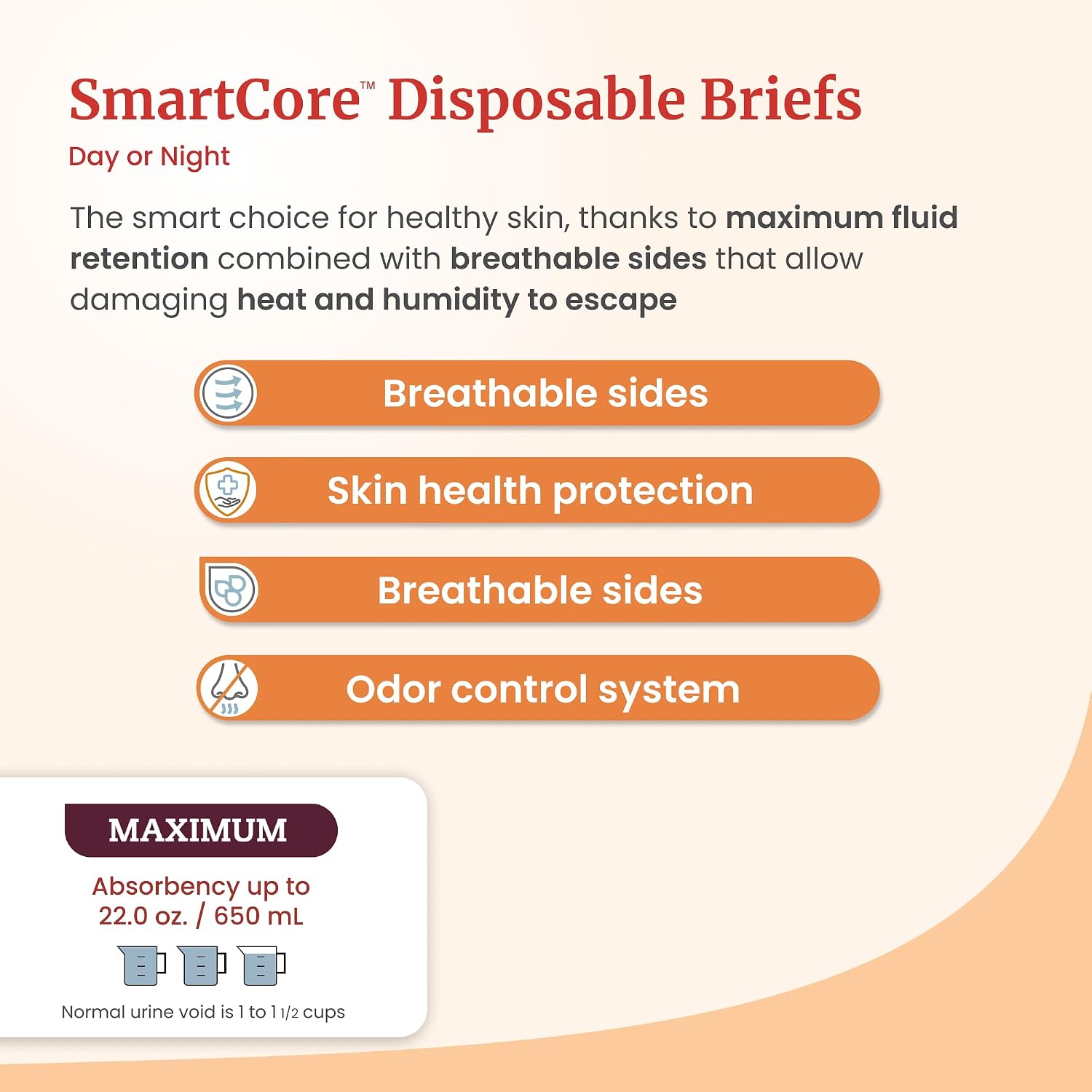 Tranquility SmartCore Adult Disposable Briefs, Incontinence Control with Breathable Kufguard Technology, Fastening Tabs & Wetness Indicator, Latex-Free, Adult XX-Large, 34oz Capacity, 32ct Case