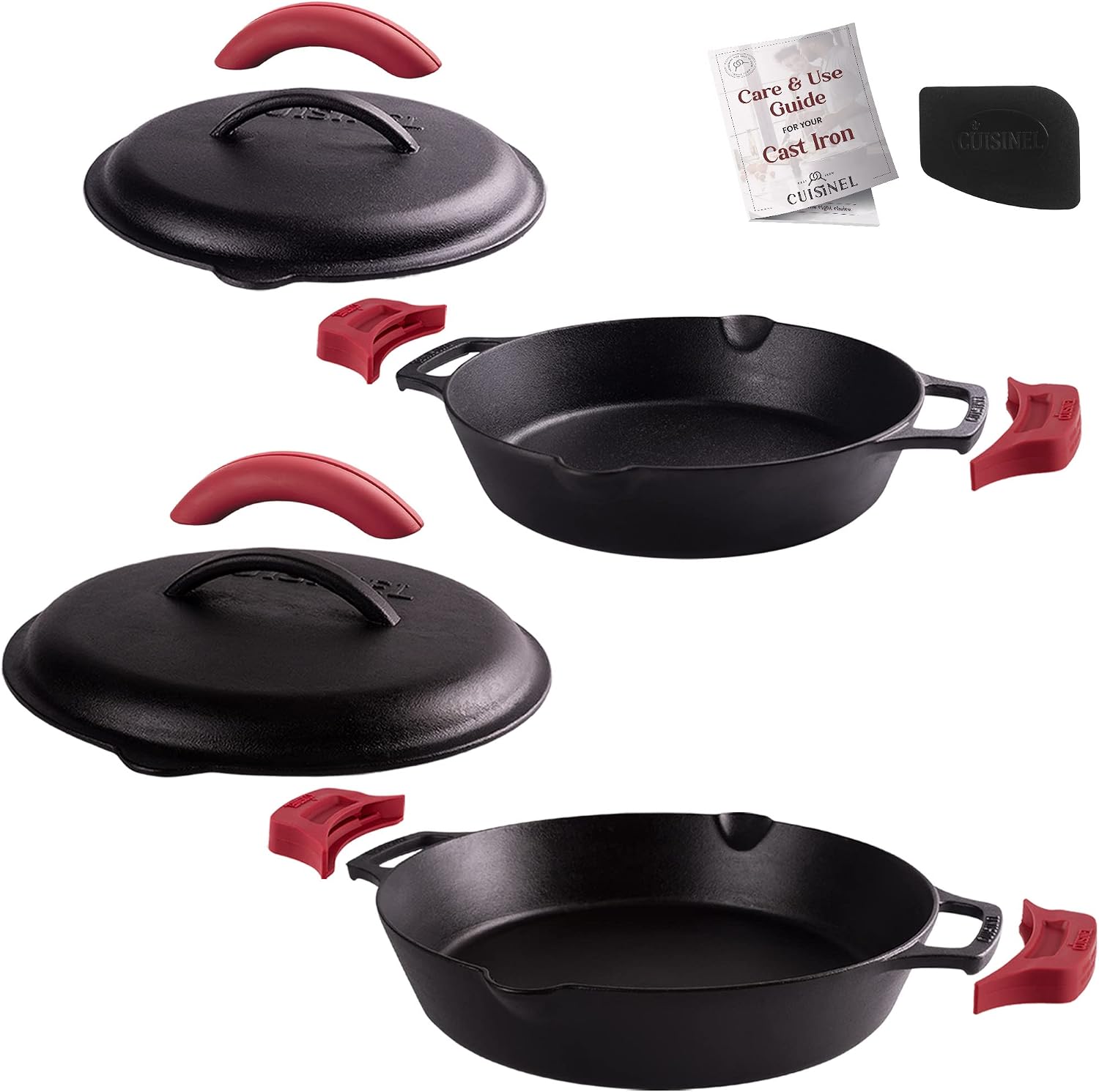 Cuisinel Cast Iron Skillet with Lid - 10"-Inch Pre-Seasoned Frying Pan + Glass Cover + Heat-Resistant Handle Holder - Indoor/Outdoor Use - Grill, Stove, Camp Firepit, Induction - Oven Safe Cookware