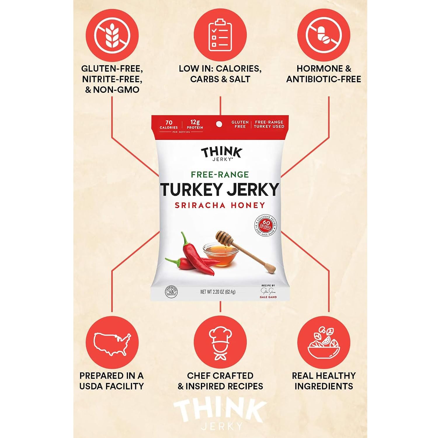 Think Jerky Sesame Teriyaki Beef Jerky, Grass-Fed High Protein Beef Jerky, Gluten Free, No Antibiotics or Nitrates, Healthy Chef Crafted Recipe, Low Calorie and Low Fat - 2.2 oz Bags, 4 Pack