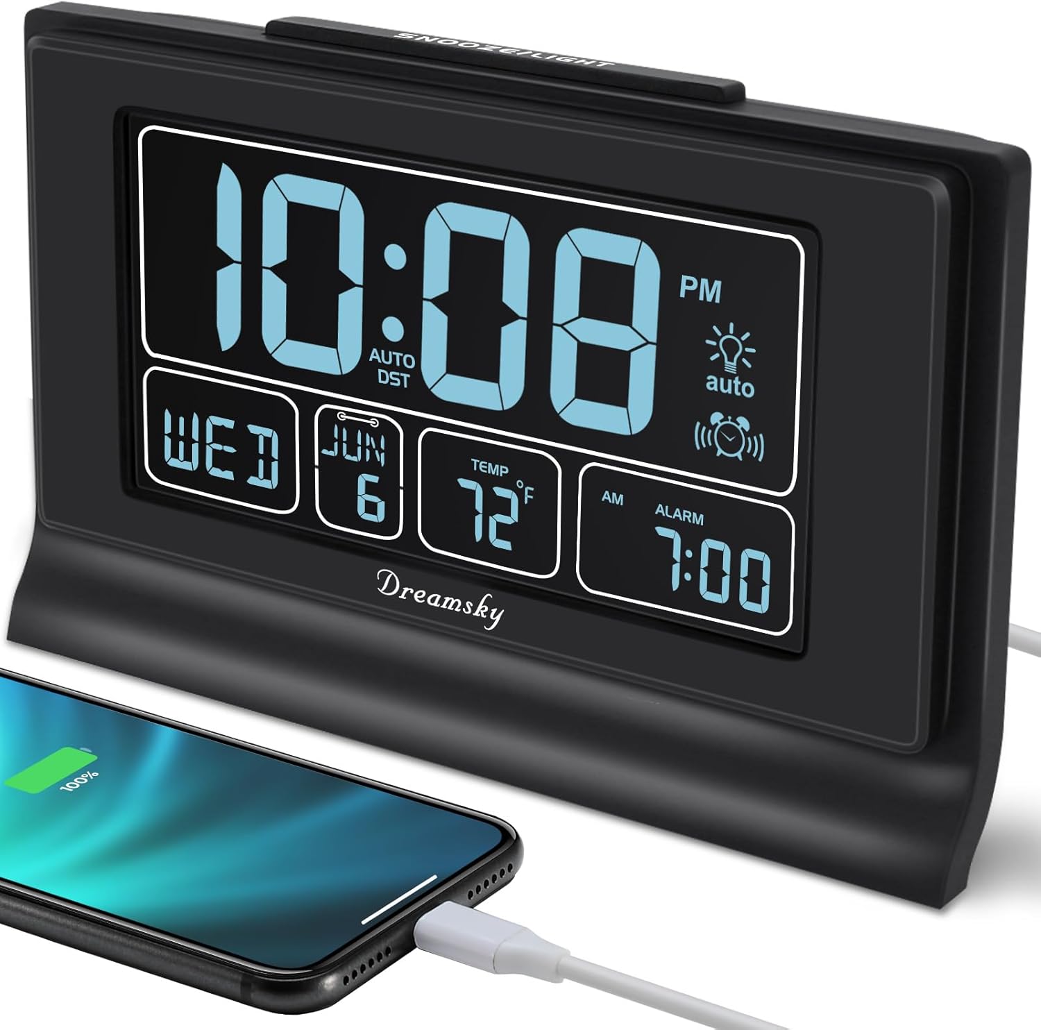 DreamSky Alarm Clocks for Bedrooms with Battery Backup, Auto Set | Digital Clock with Date & Day of Week, 5 Inch Large Display, Weekday, Temperature, USB Port, Auto DST, Brightness Dimmer