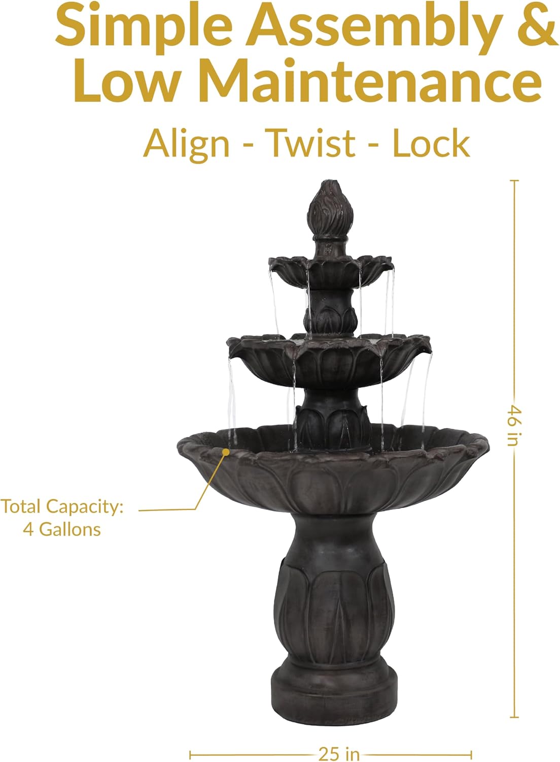 Sunnydaze Classic Tulip 46 in. 3-Tiered Outdoor Water Fountain - Dark Brown | Polystone Construction - 4-Gallon Water Capacity - Includes Electric